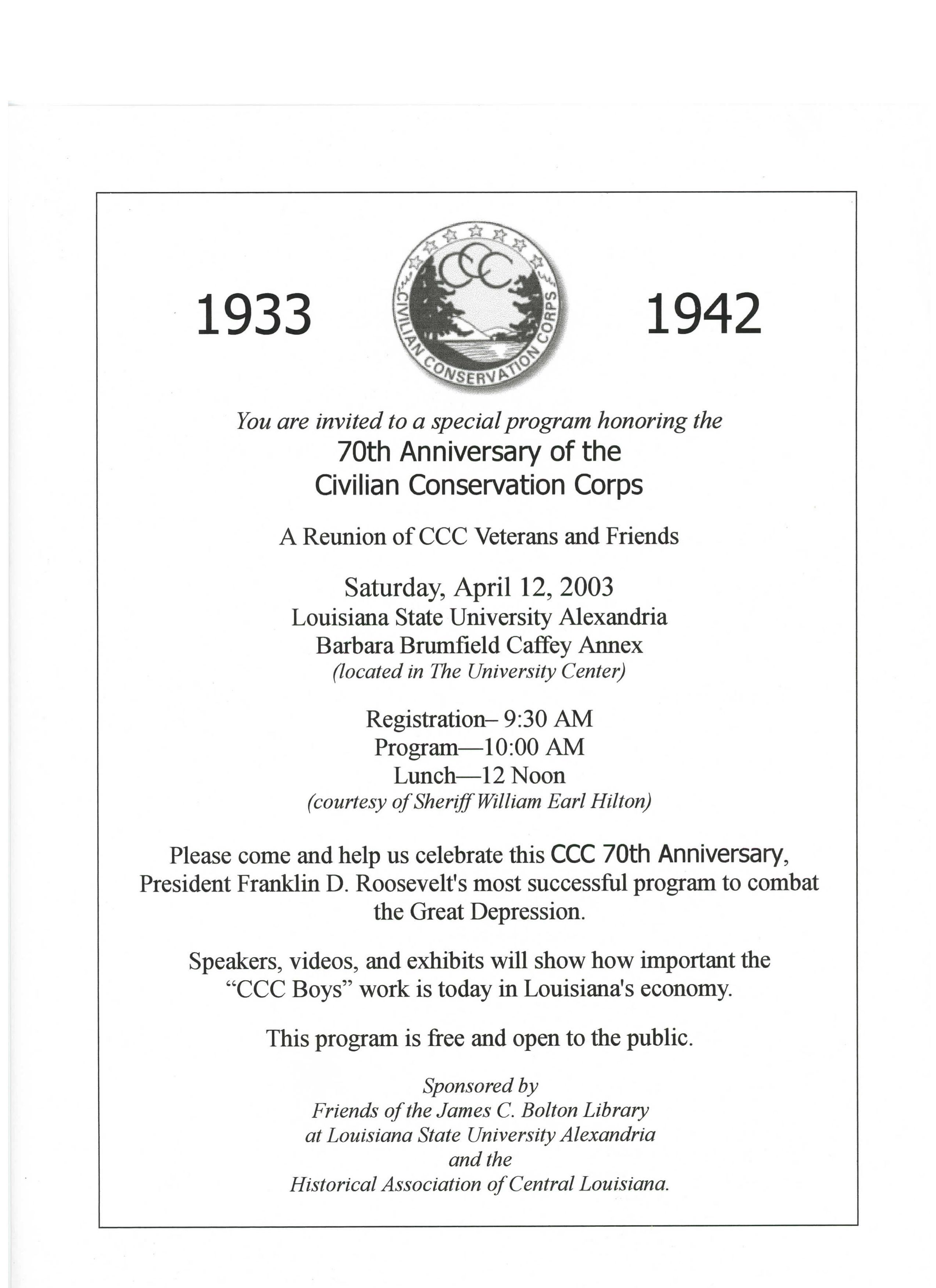 70th Anniversary of the Civilian Conservation Corps: CCC Reunion 2003 Flyer