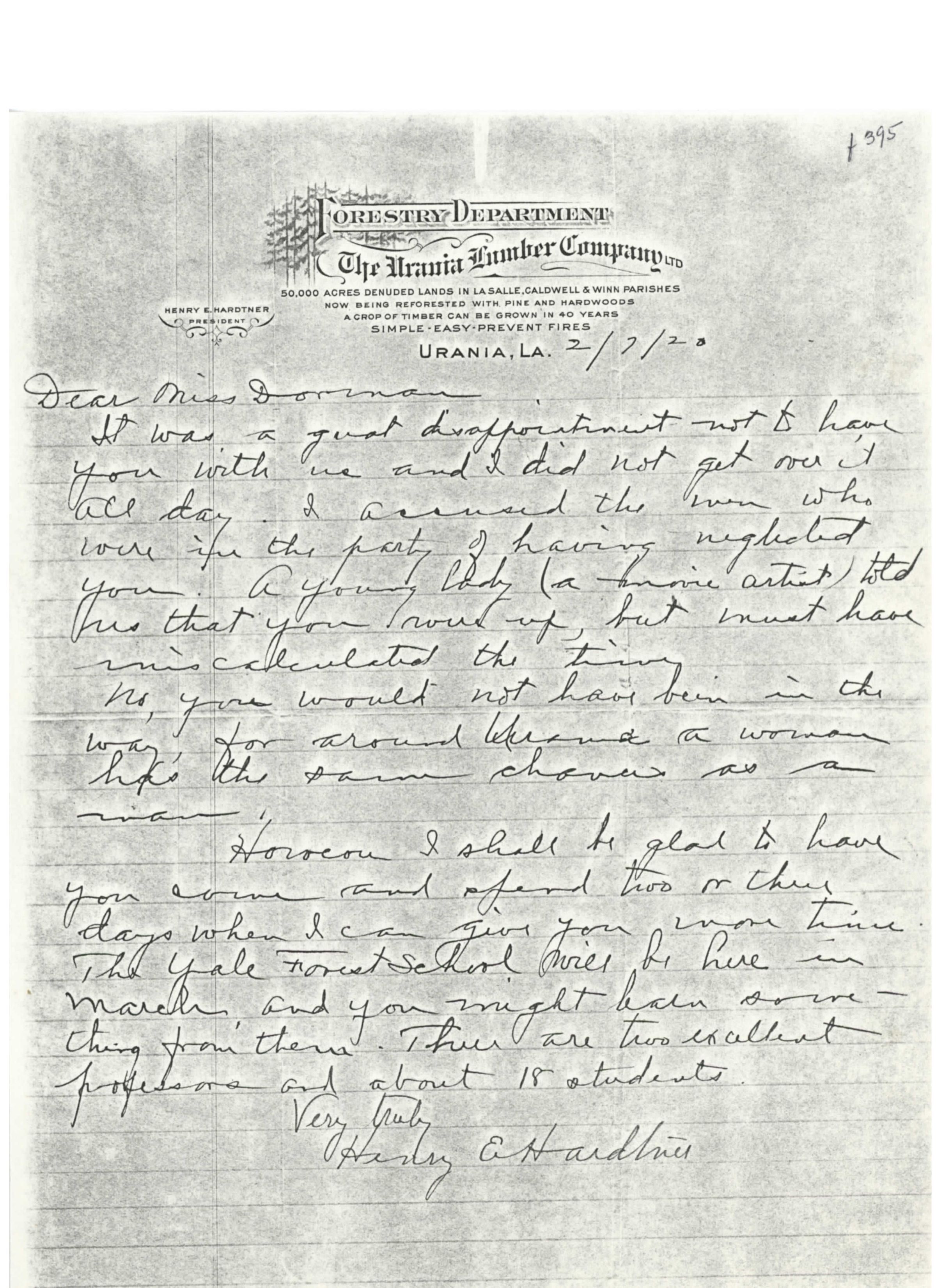 Forestry Department: The Urania Lumber Company letterhead: Page 1