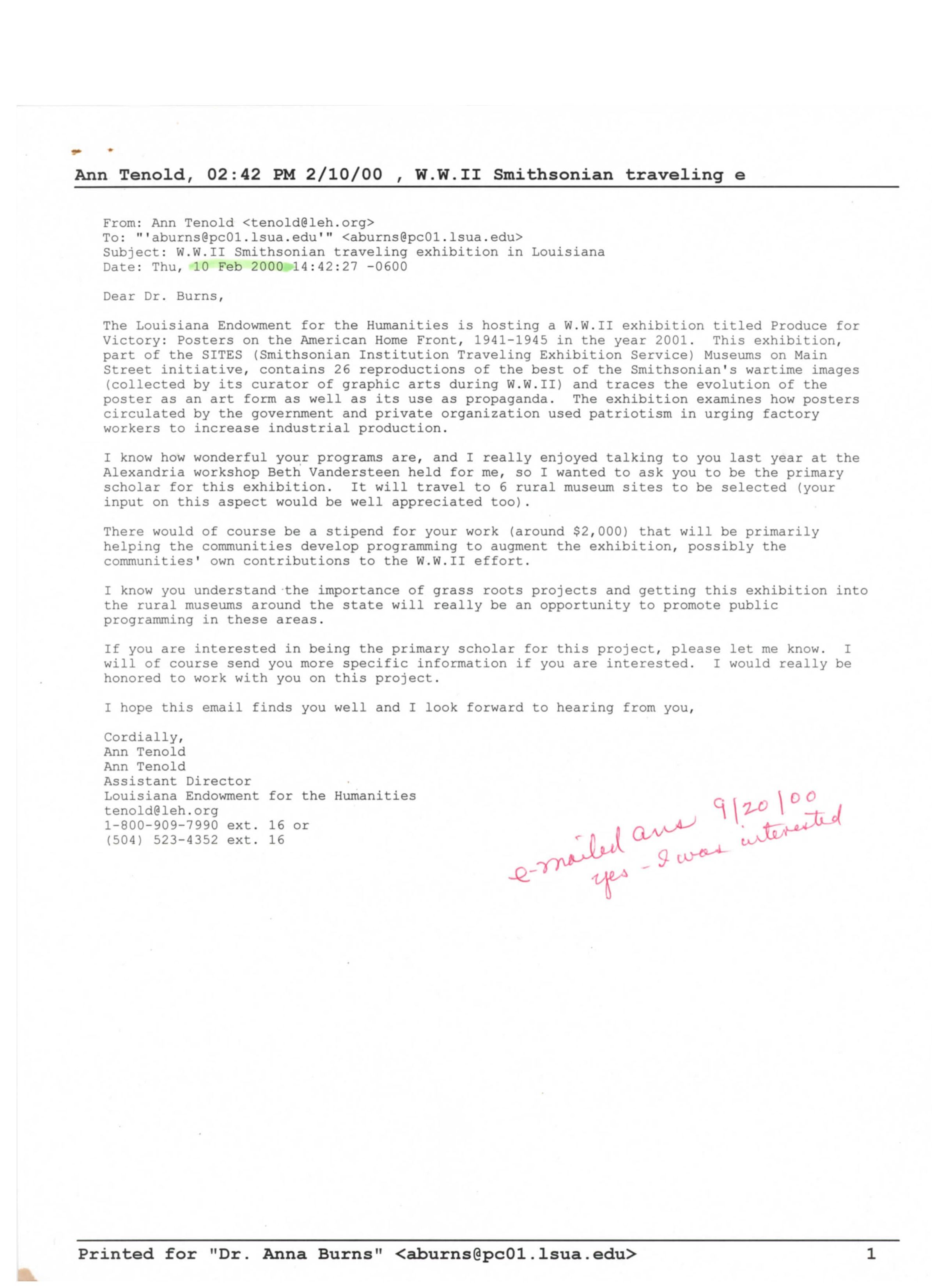 Ann Tenold to Dr. Anna Burns: Page 1