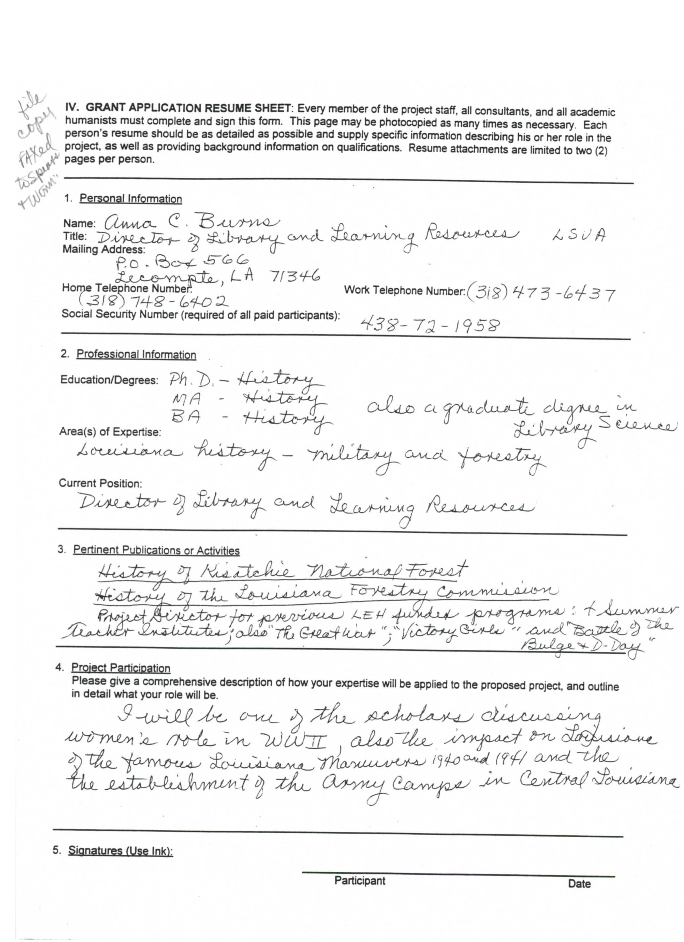 Grant Application Resume Sheet