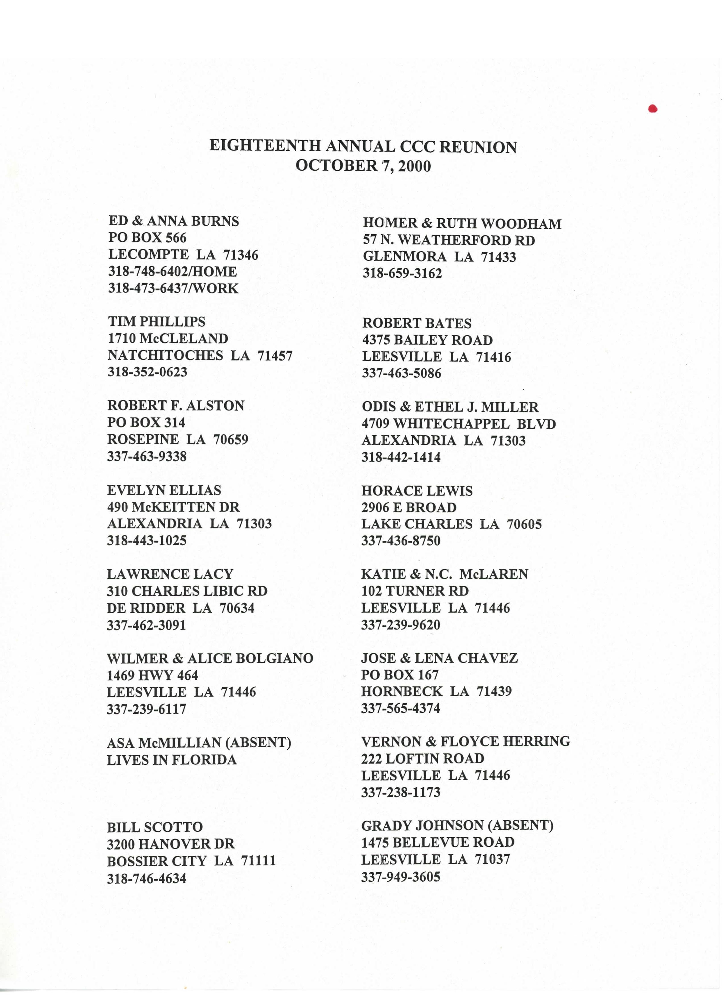 roster of the18th annual CCC reunion: Page 1