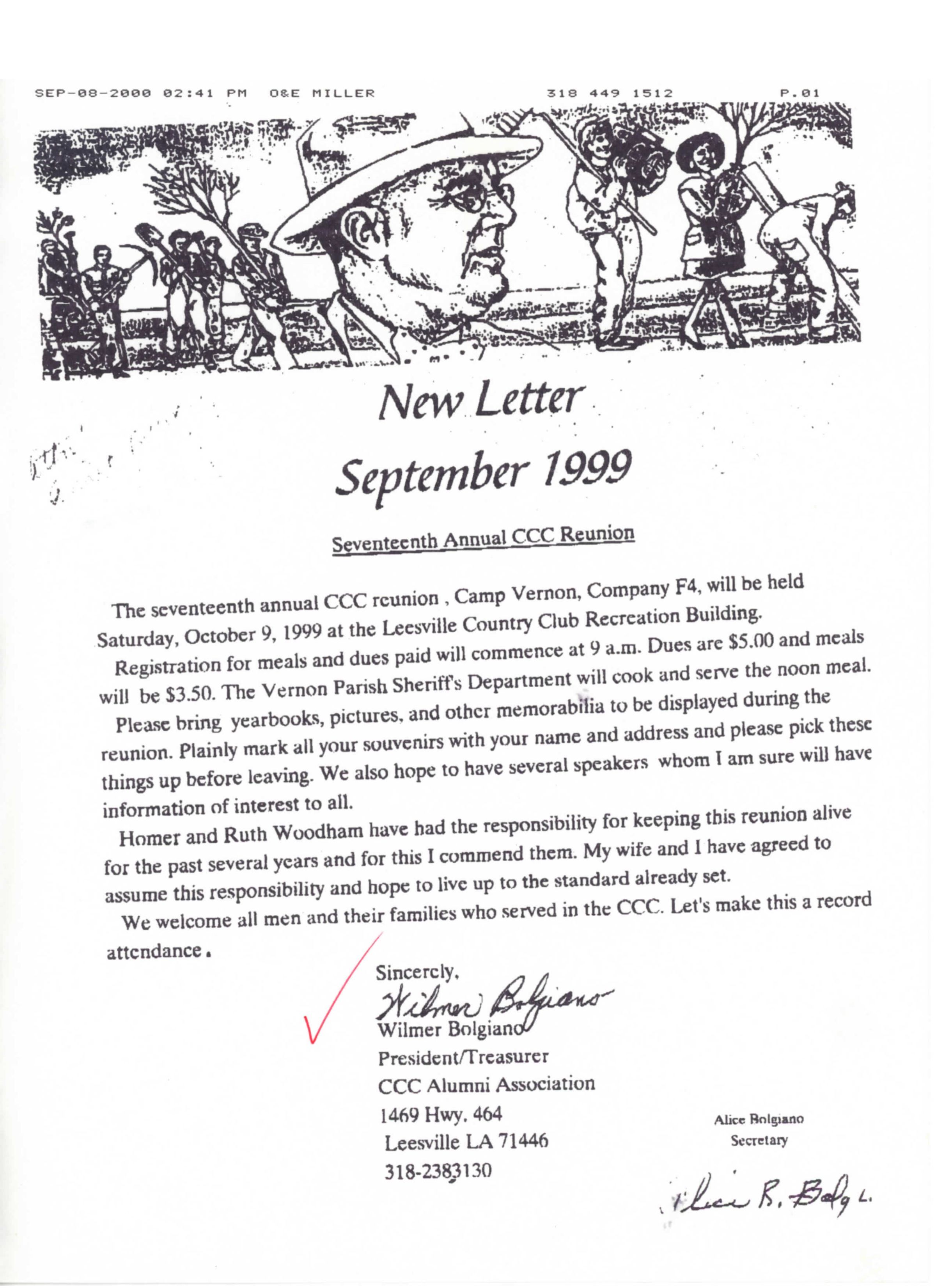 17th annual CCC reunion newsletter from Sept. 1999: Page 1
