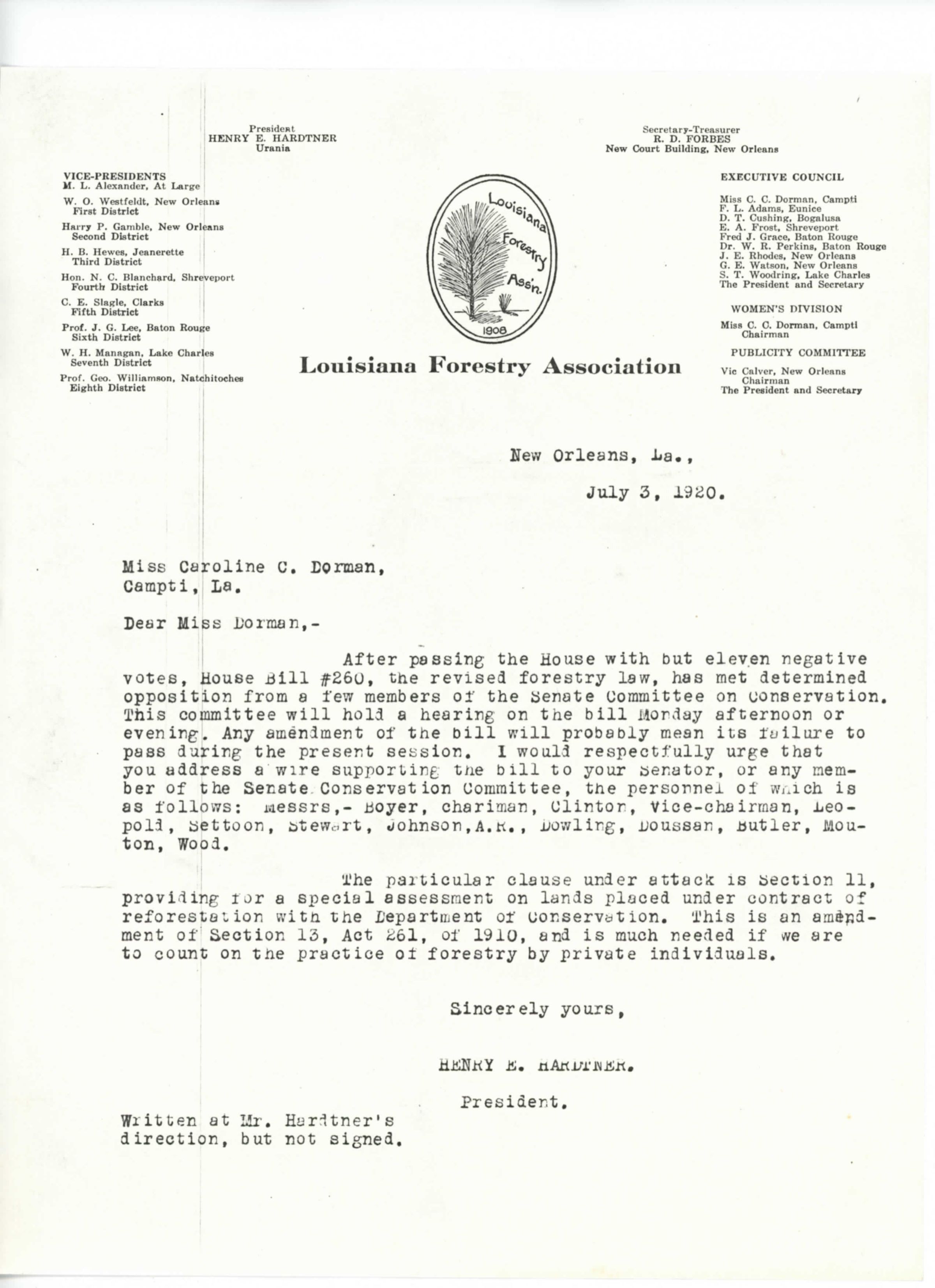 to Dormon from Henry Hardtner as President of the LA Forestry Association
