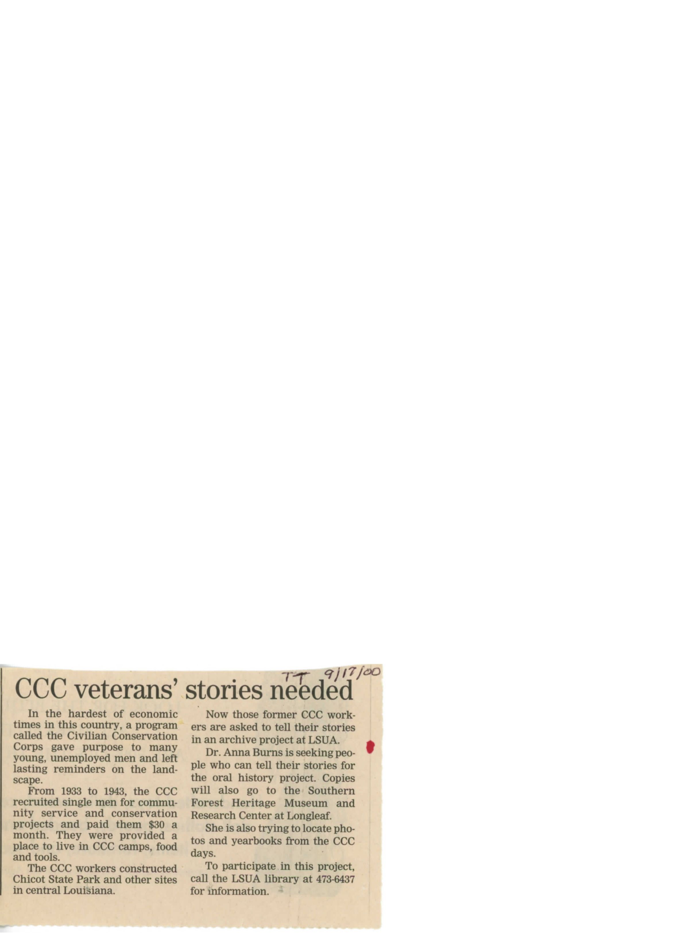 CCC veterans' stories needed