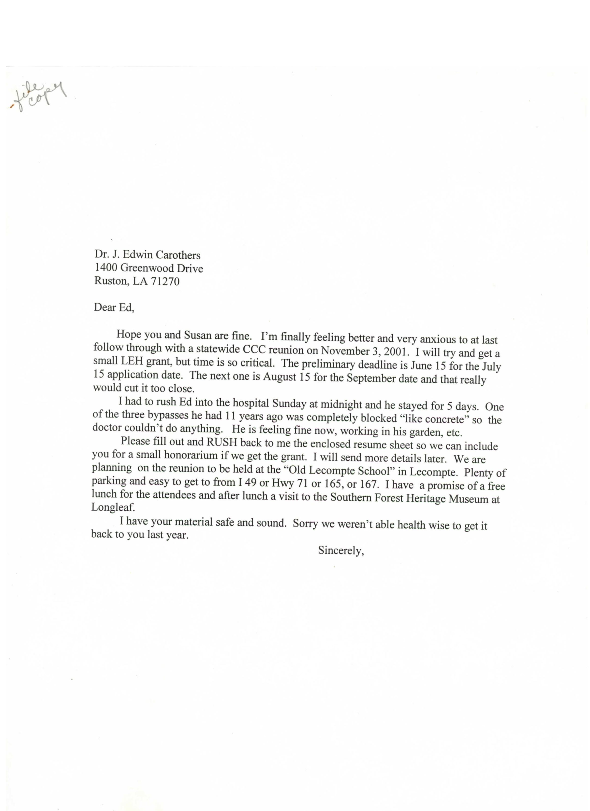 letter to J. Edwin Carothers on possible reunion: Page1