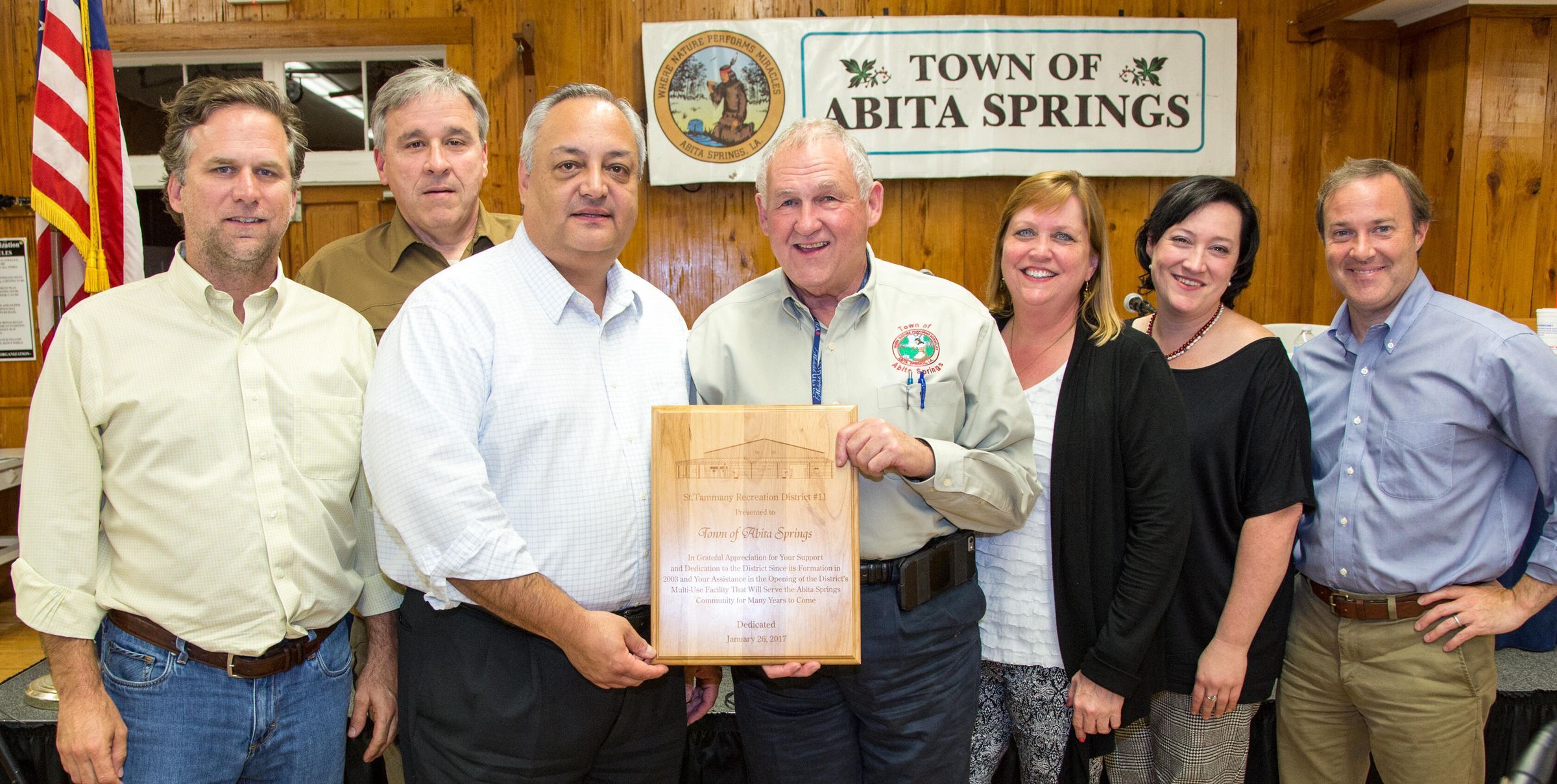 A plaque is presented to the Town of Abita Springs by Mike Lopez, Chairman of the St. Tammany Recreation District #11 for "grateful appreciation for your support and dedication to the District since its creation in 2003 and your assistance in the opening of the District's multi-use facility that will serve the Abita Springs community for many years to come" at the Abita Springs Town Council meeting on March 21, 2017: A plaque is presented to the Town of Abita Springs by Mike Lopez, Chairman of the St. Tammany Recreation District #11 for "grateful appreciation for your support and dedication to the District since its creation in 2003 and your assistance in the opening of the District's multi-use facility that will serve the Abita Springs community for many years to come" at the Abita Springs Town Council meeting on March 21, 2017