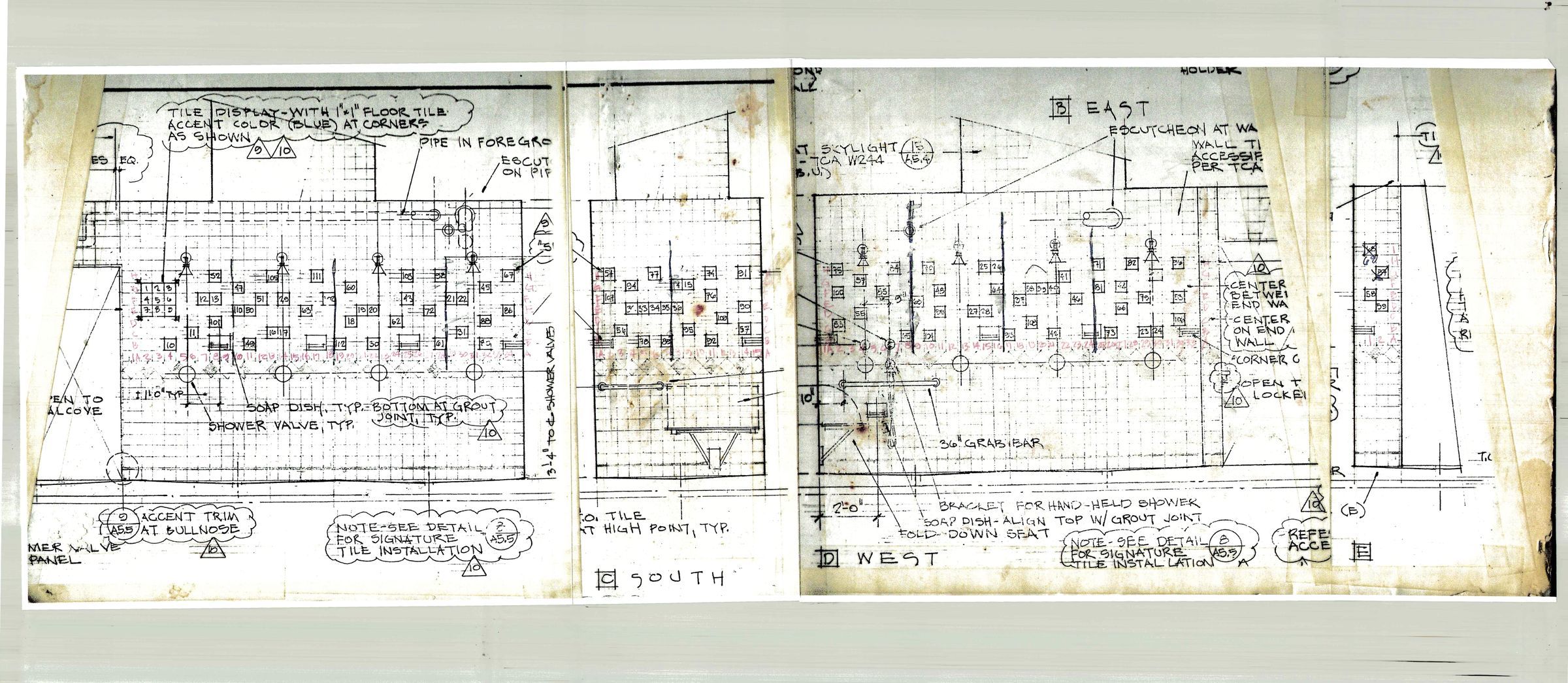 Architectural drawing of shower walls and tile plan