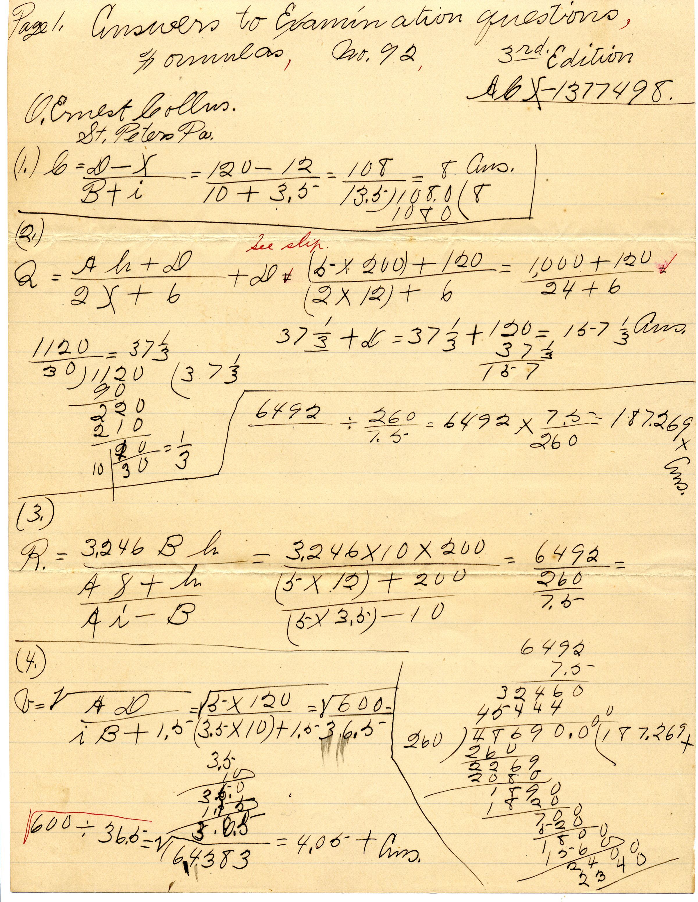 O. E. Collins Examination: Page 1 with note to "See slip".