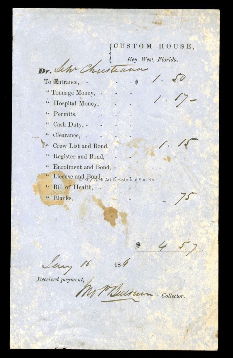 Key West Custom House Receipt; Copyright: @ Key West Art & Historical Society; Origformat: Print-Photographic