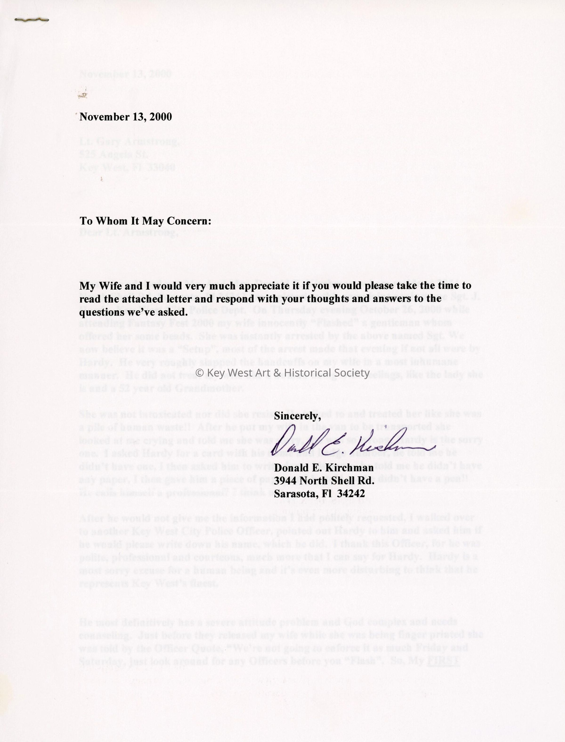 A letter from Donald E. Kirchman who is unhappy.