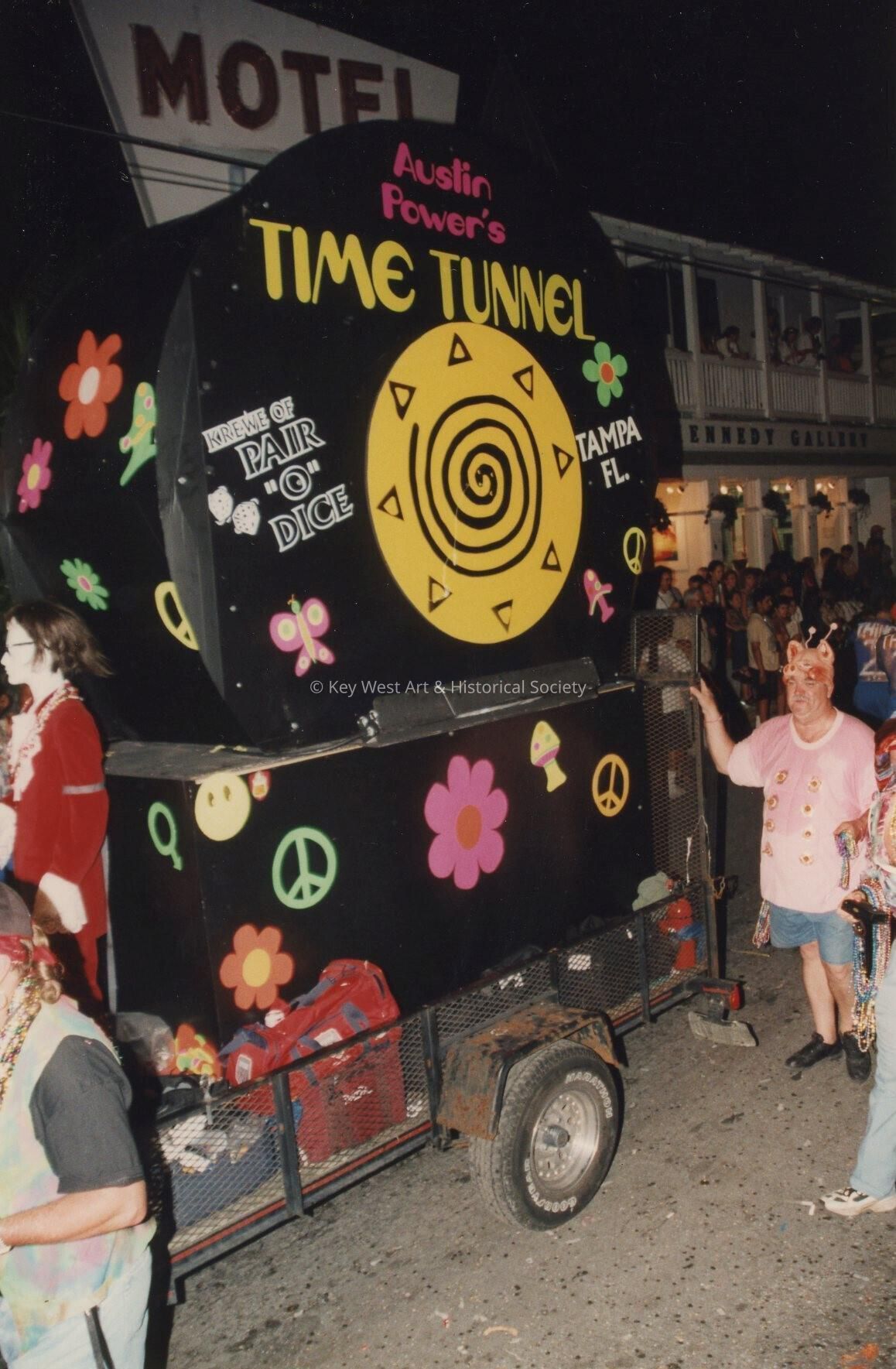 A float in the parade that reads Austin Powers time tunnel.