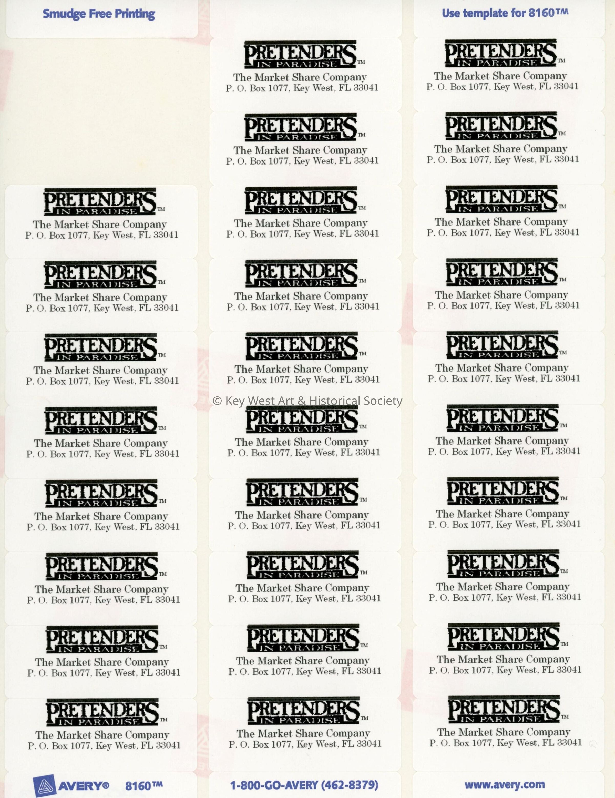 A sheet of Pretenders in Paradise address labels.