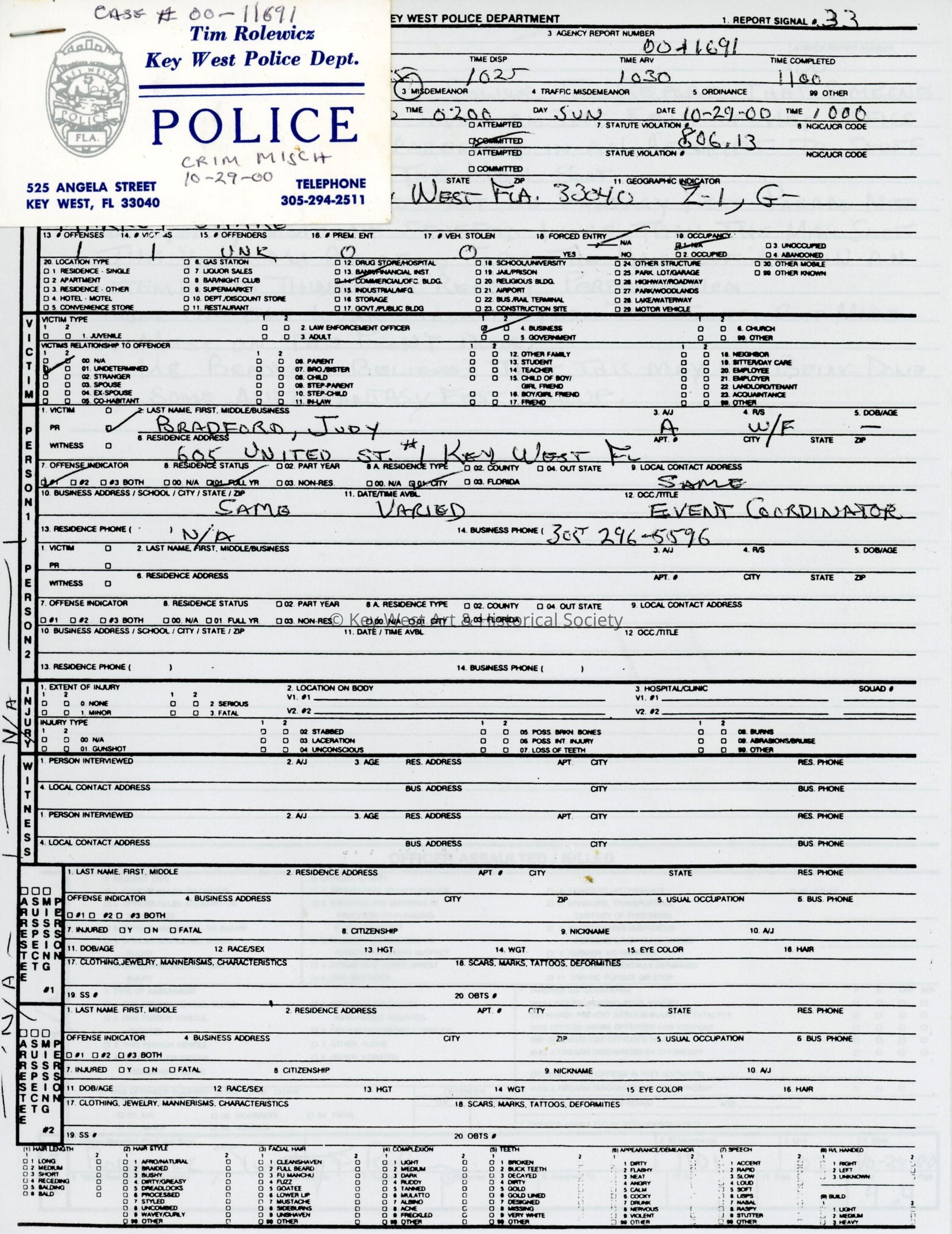 A police report filed by Judi Bradford.