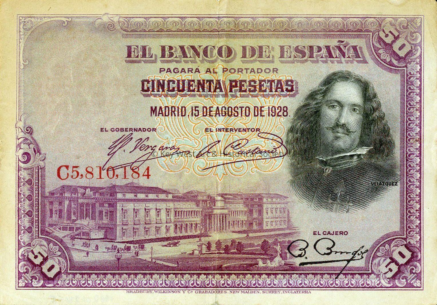 Banco de Espana 50 Peseta Banknote; © Key West Art & Historical Society