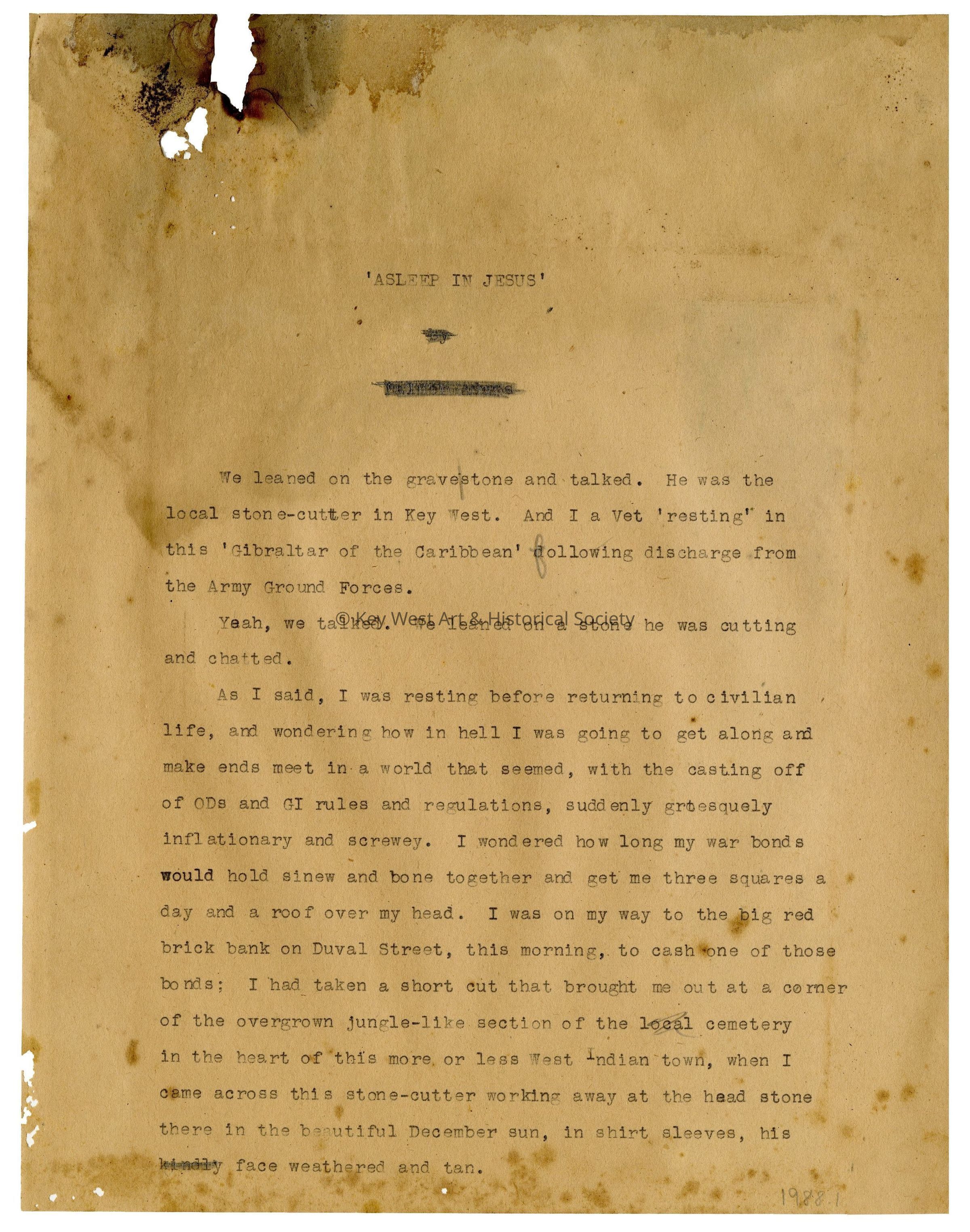Asleep in Jesus Manuscript; © Key West Art & Historical Society