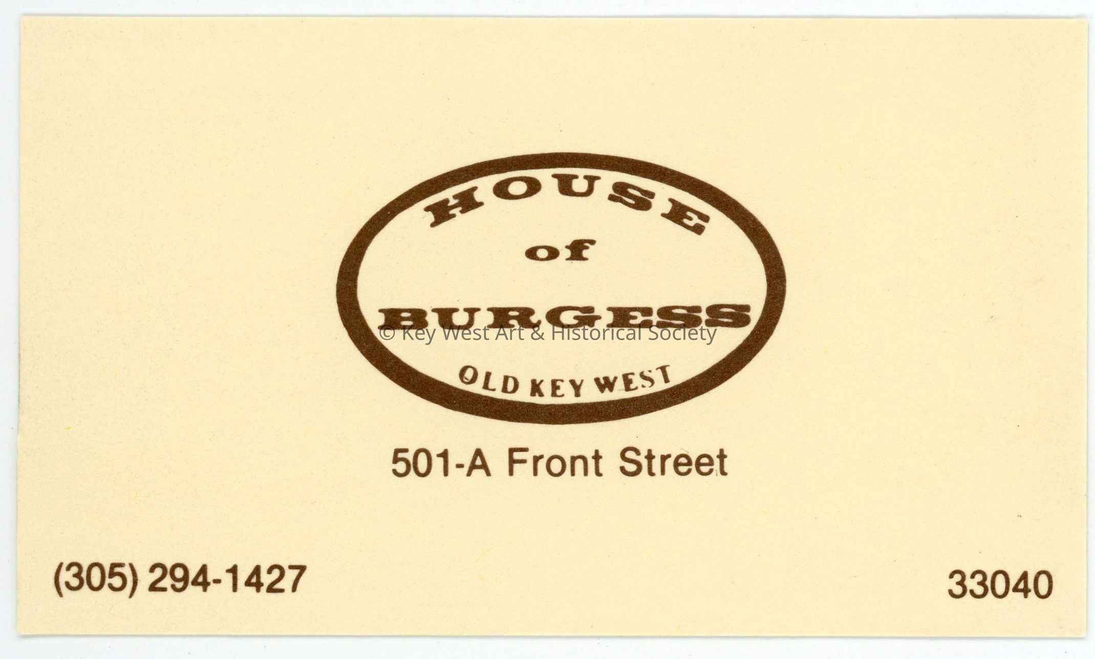 House of Burgess Business Card; © Key West Art & Historical Society