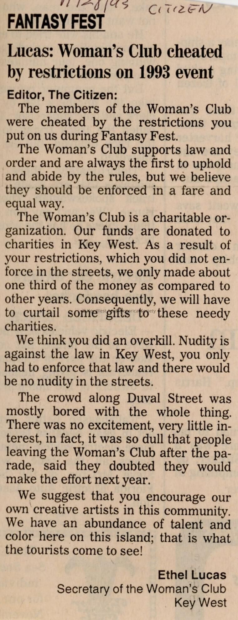 An article in the Key West Citizen about Fantasy Fest that reads Lucas: Wom