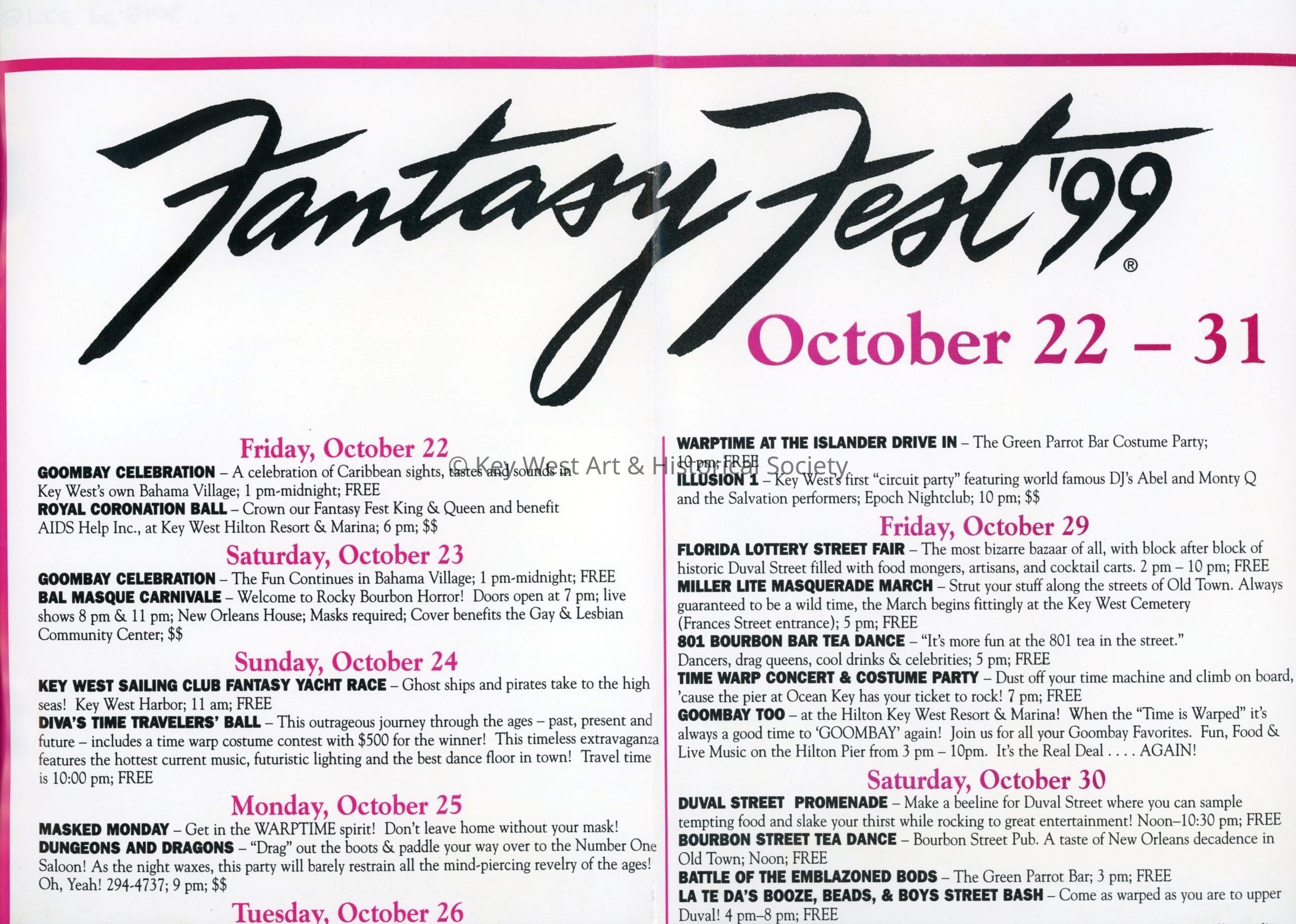 A poster of the Fantasy Fest 2000 schedule of events.