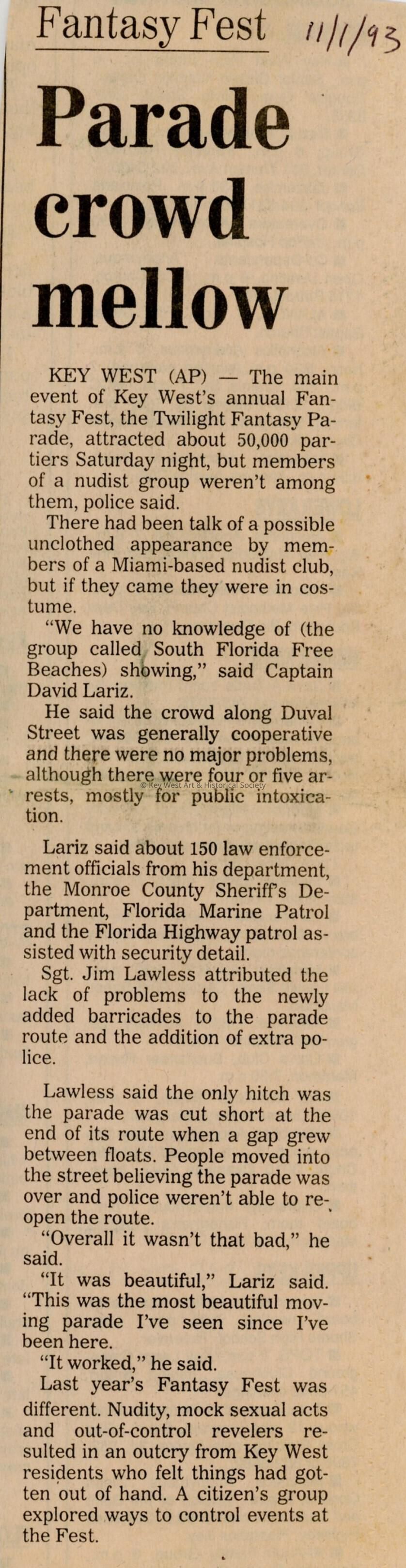 An article in the Key West Citizen about Fantasy Fest that reads Parade cro