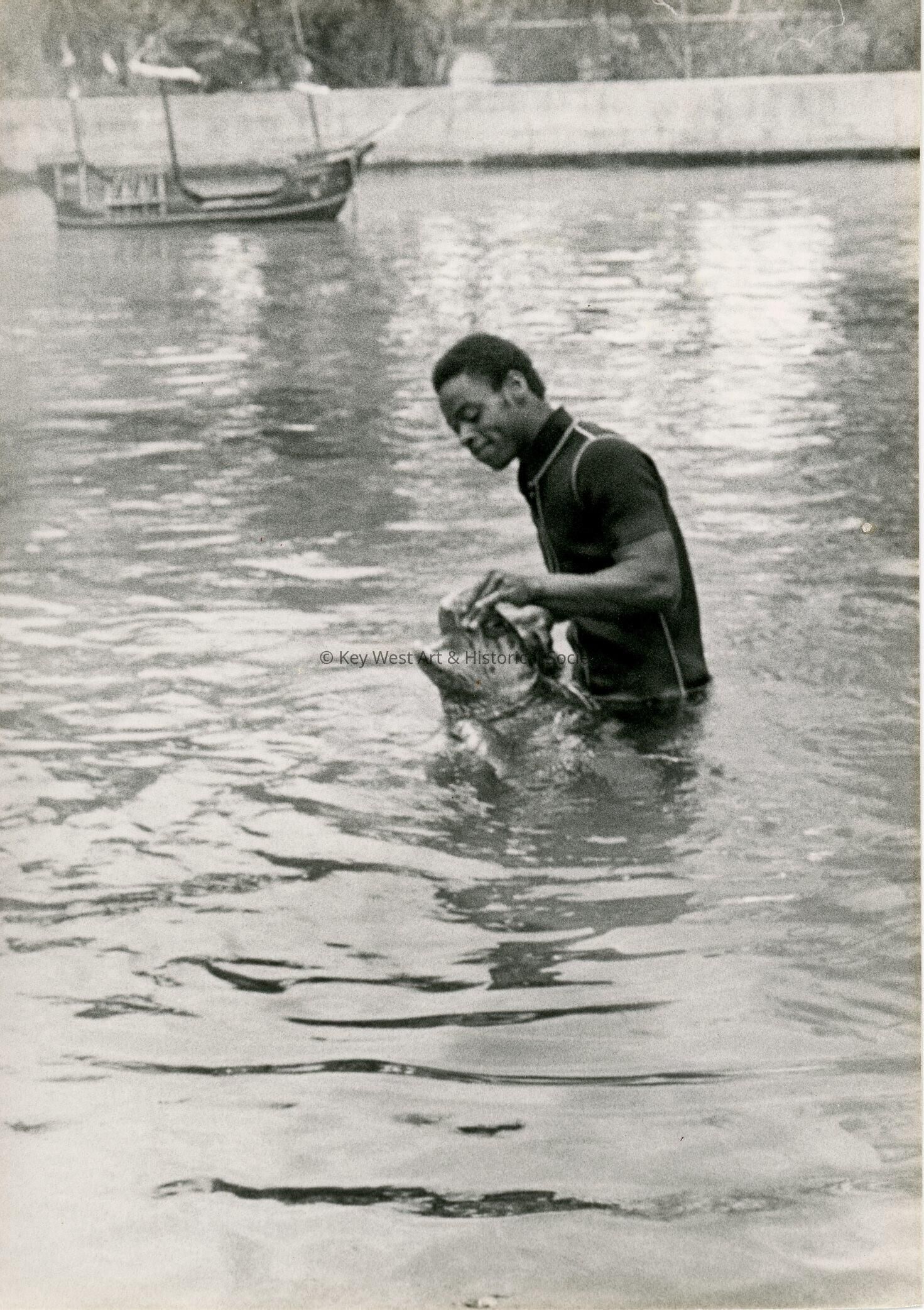 An unknown man in the water with a turtle