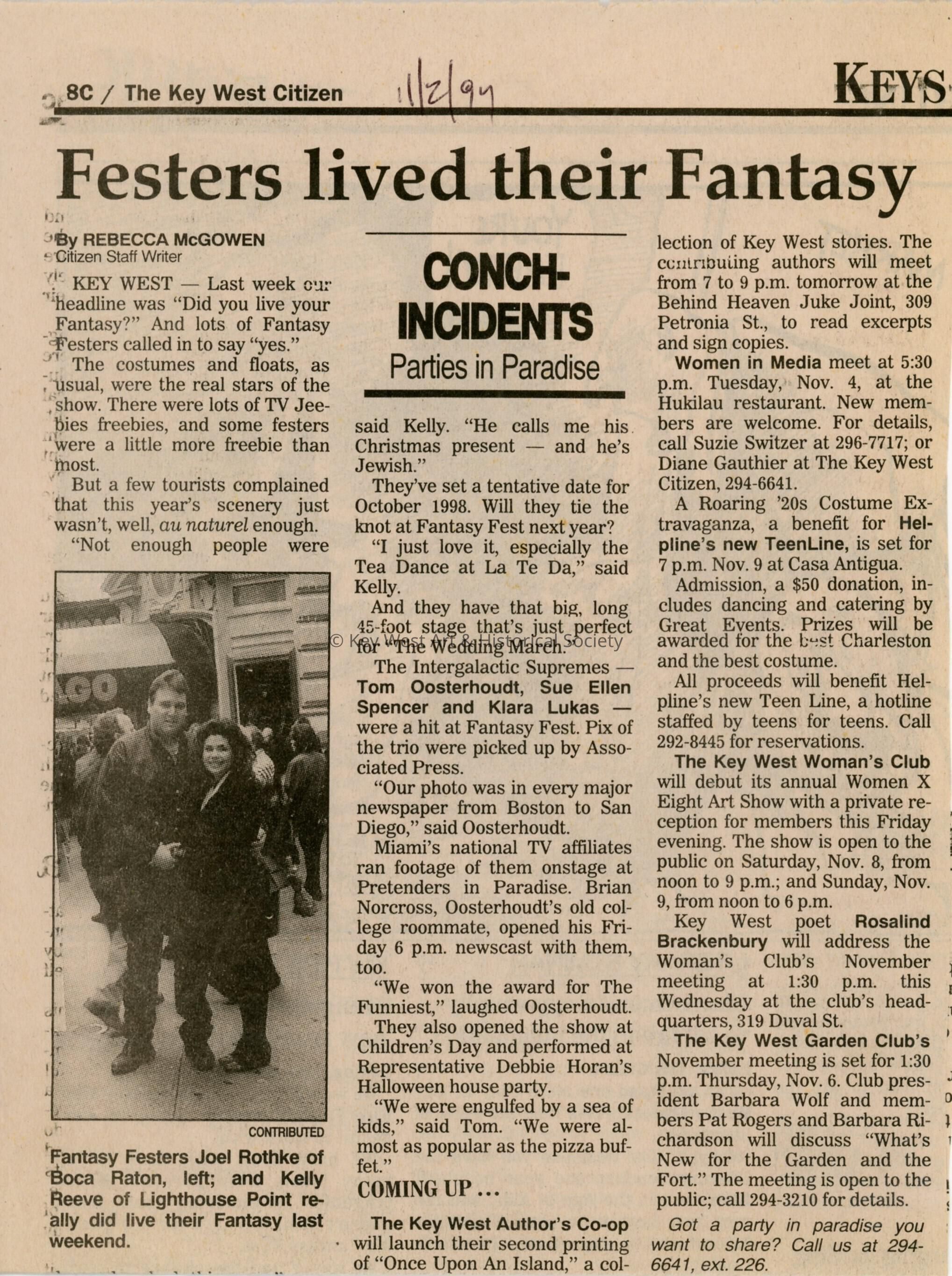 An article in the Key West Citizen that reads Festers lived their Fantasy.