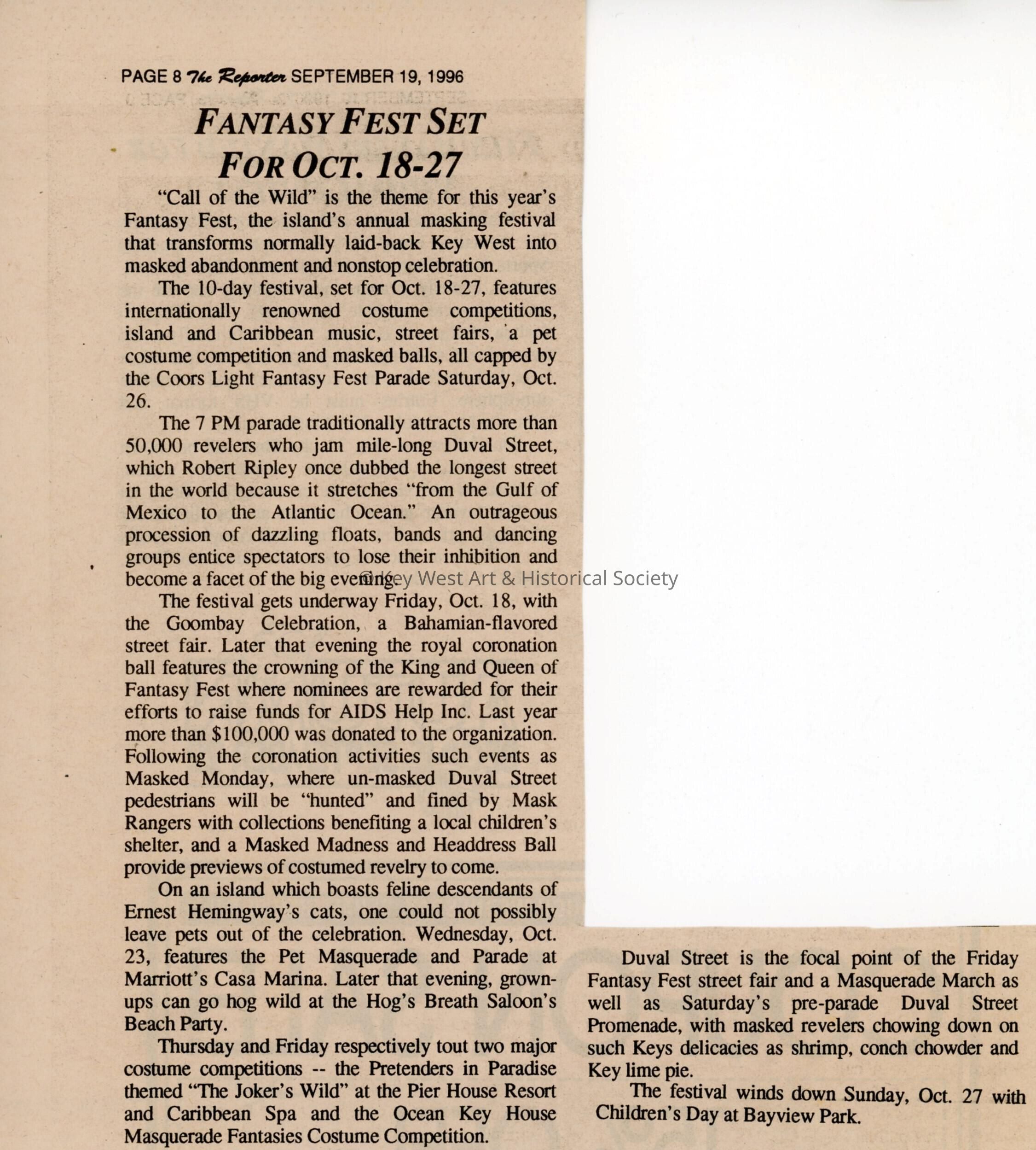 An article in the Reporter newspaper that reads Fantasy Fest Set for Oct 18