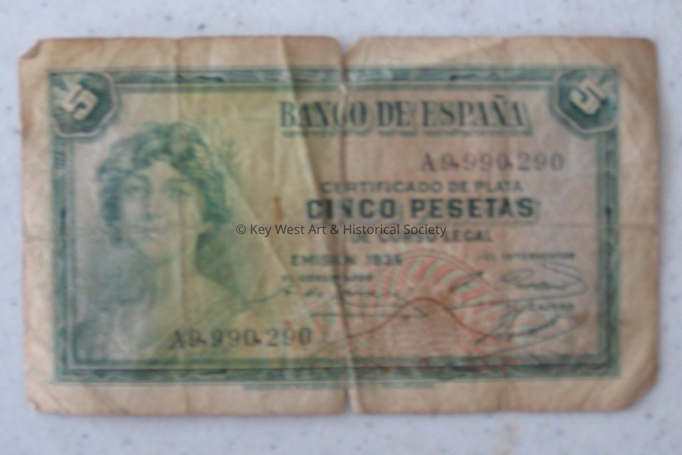 Banco de España 5 Peseta Banknote; © Key West Art & Historical Society