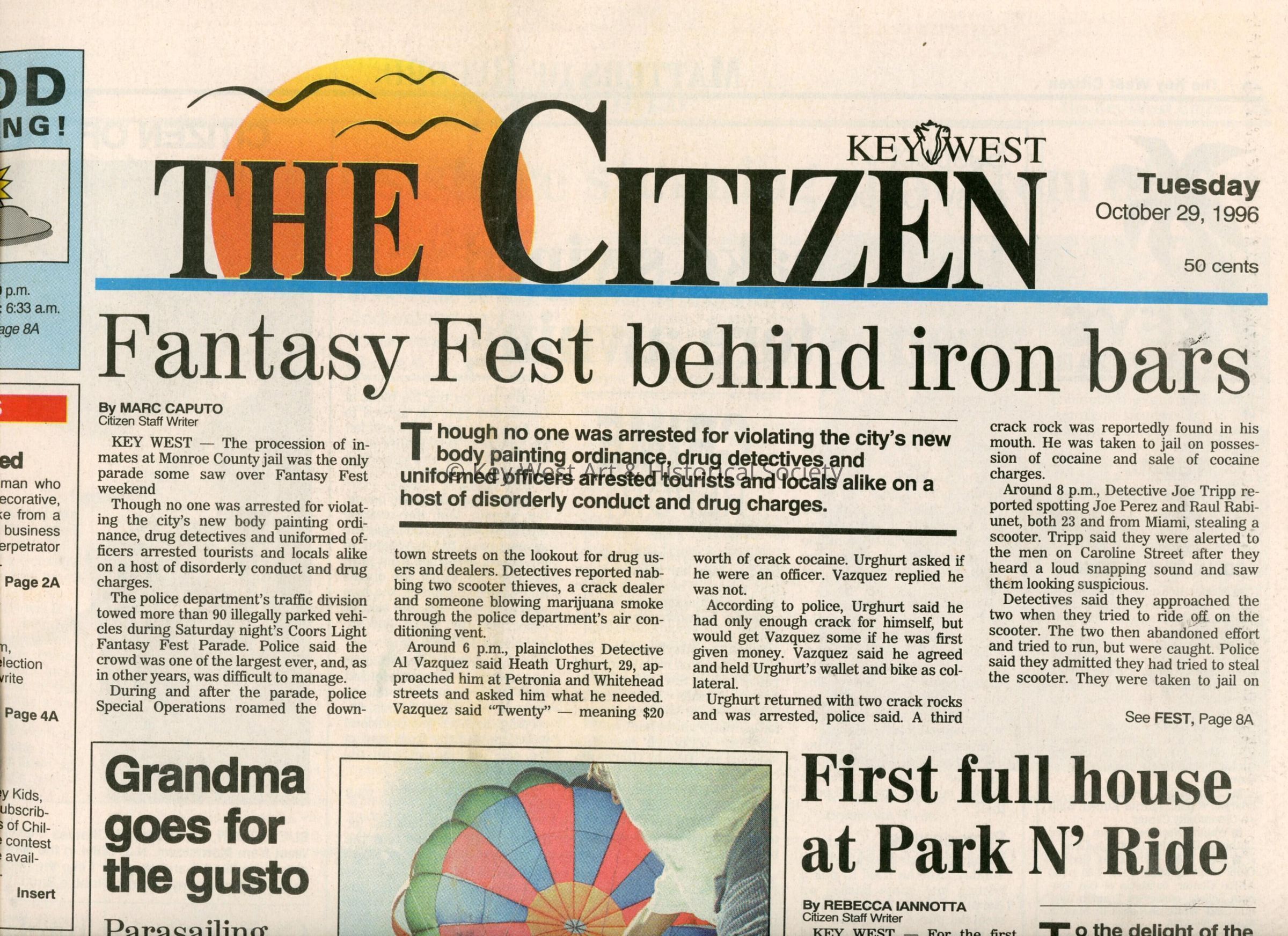 An article in the Key West Citizen that reads Fantasy Fest behind iron bars