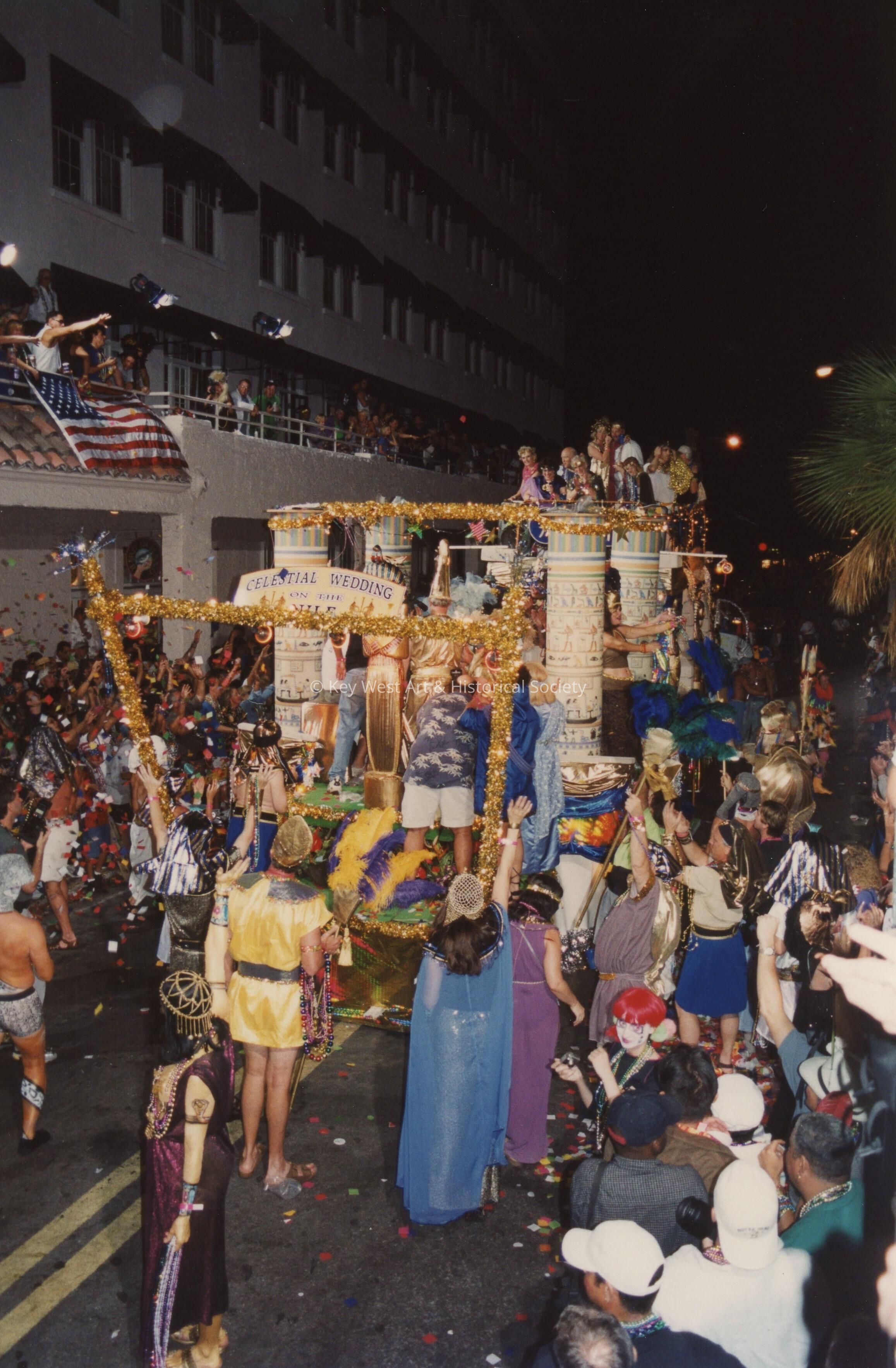 A float in the parade that reads Celestial Wedding on the Nile.