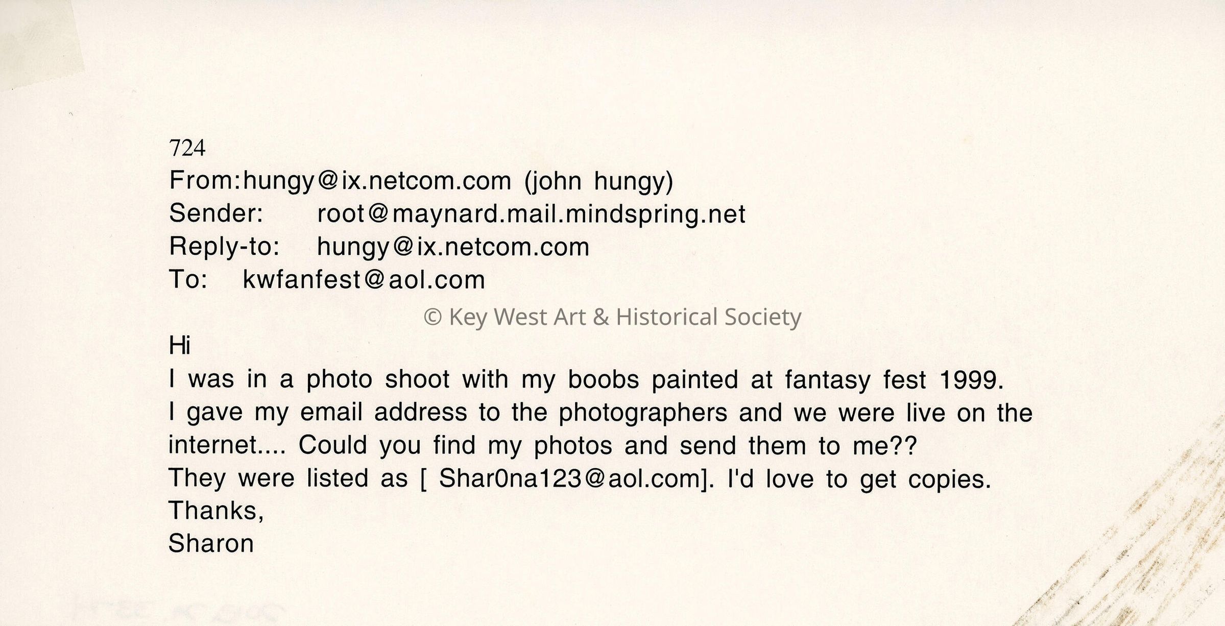 An email from Sharon wanting her photos emailed to her.