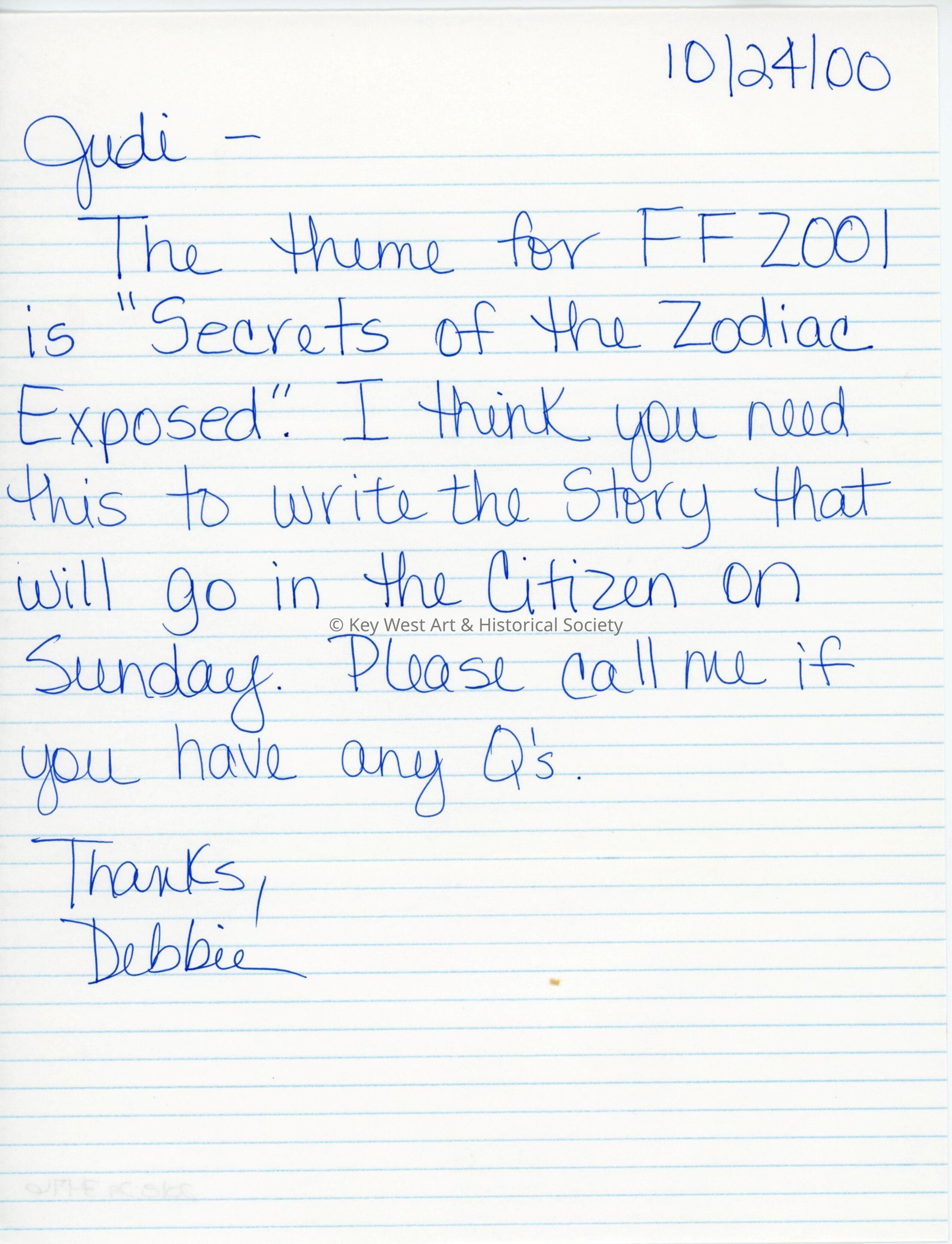 A letter to Judi from Debbie about a story going into the Key West Citizen.