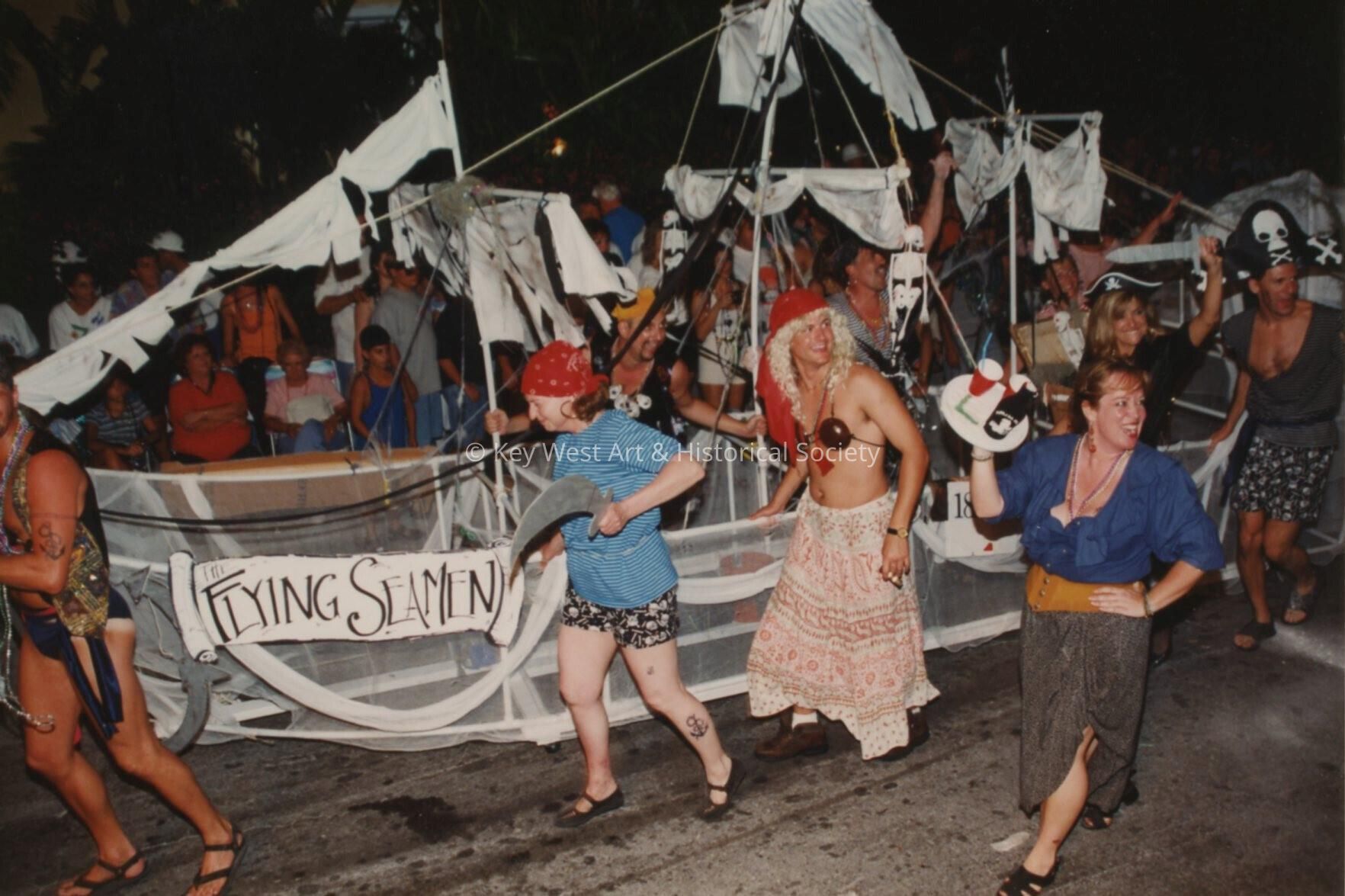 A float in the parade that reads the flying seamen.