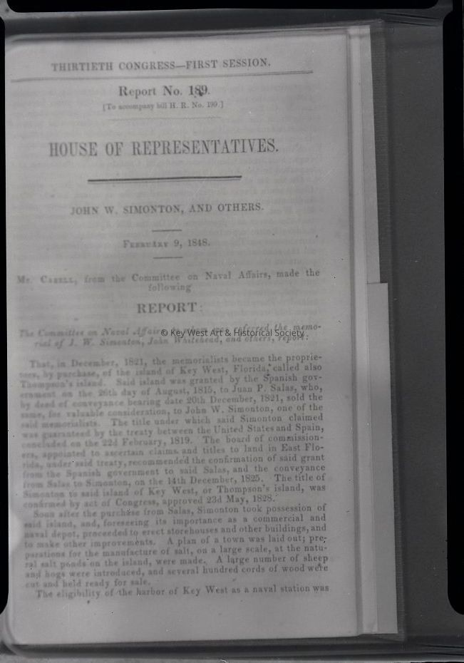 House of Representatives Report on the Purchase of Thompson's Island (Key West); © Key West Art & Historical Society