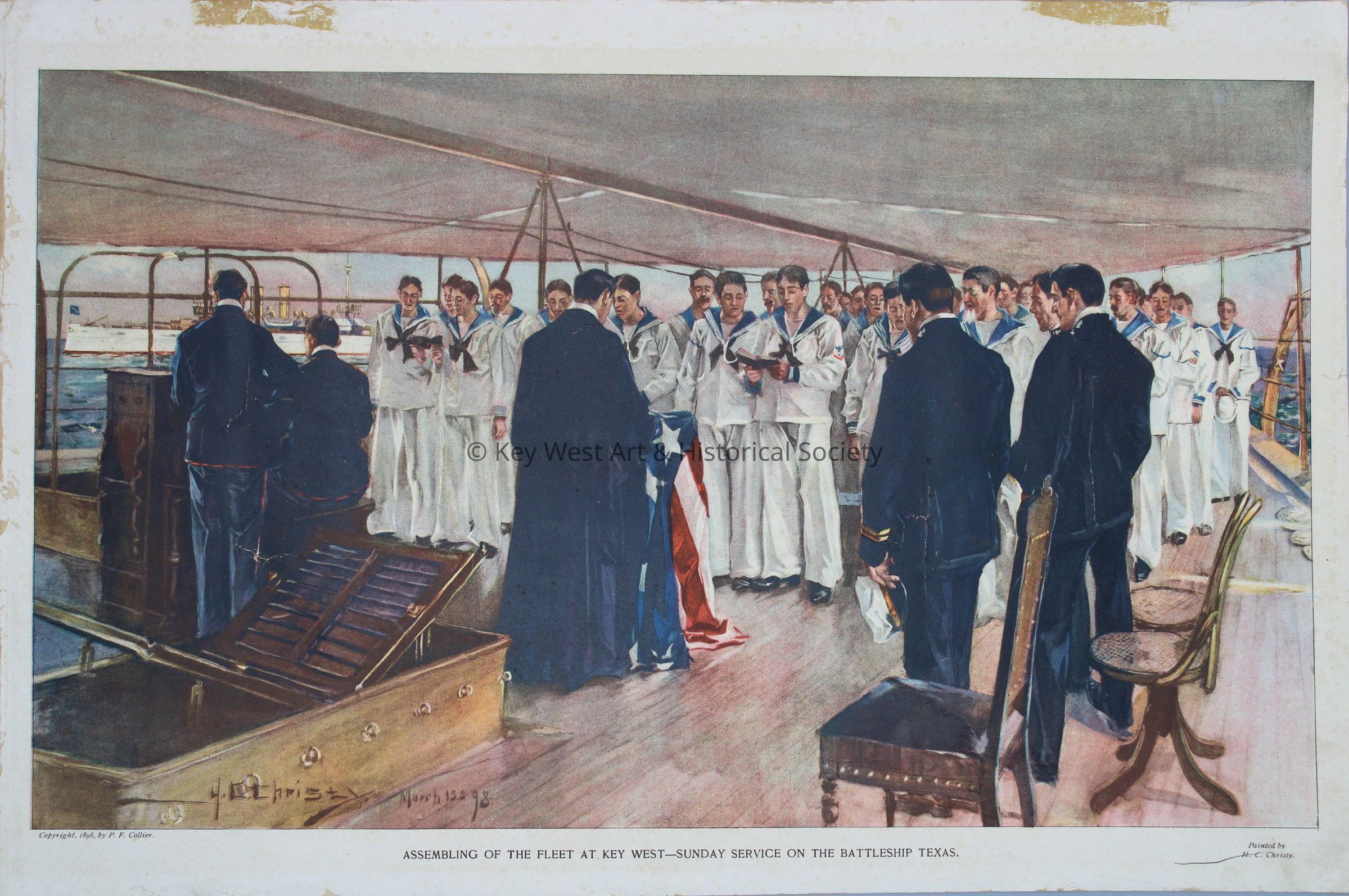 Assembling of the Fleet at Key West - Sunday Service on the Battleship Texas Lithograph Print; © Key West Art & Historical Society