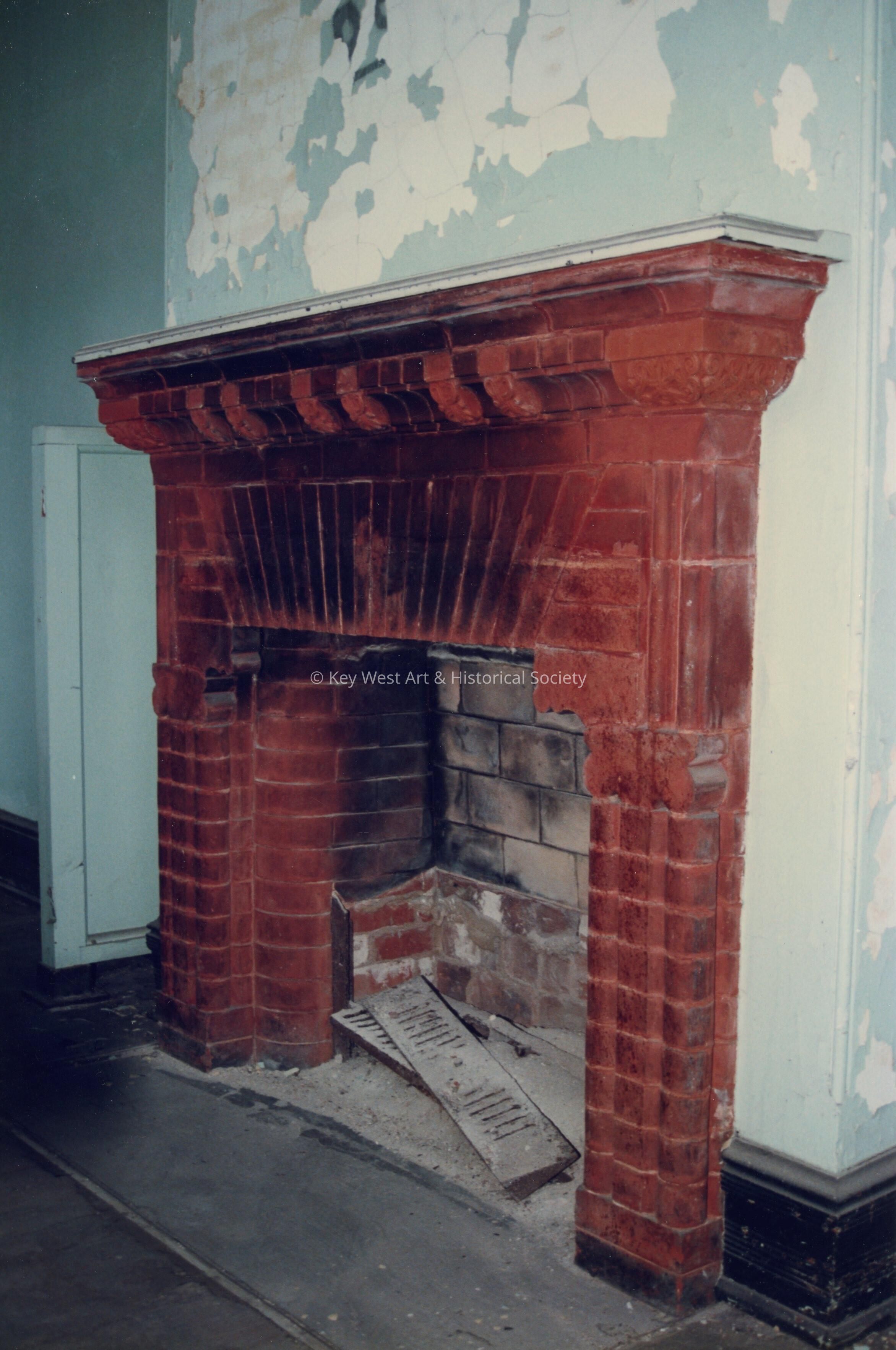 A fireplace.