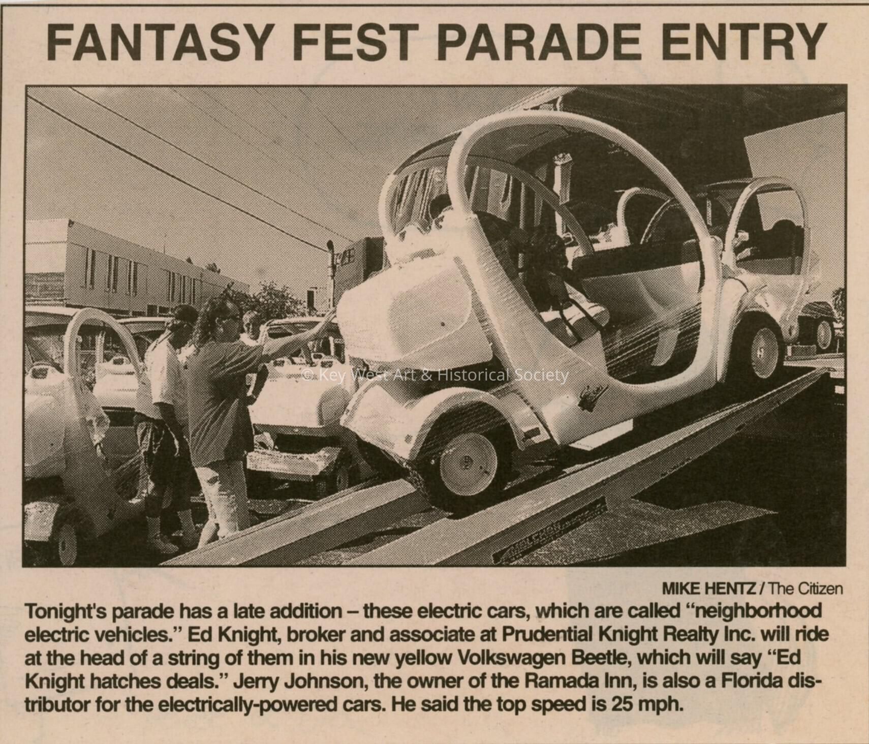 A picture and article that reads Fantasy Fest parade entry in the Key West