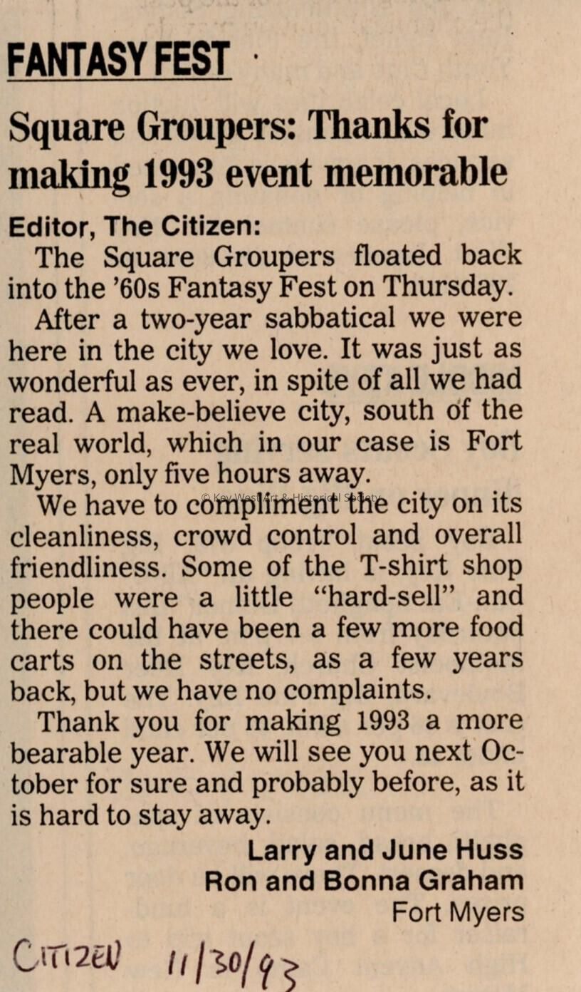 An article in the Key West Citizen about Fantasy Fest that reads Square Gro