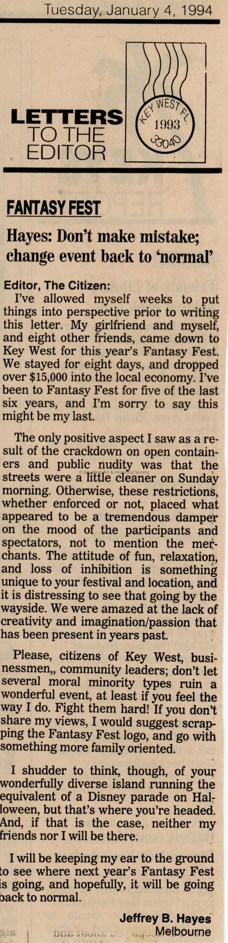 An article in the Key West Citizen that reads Hayes: Don’t make mistake; ch