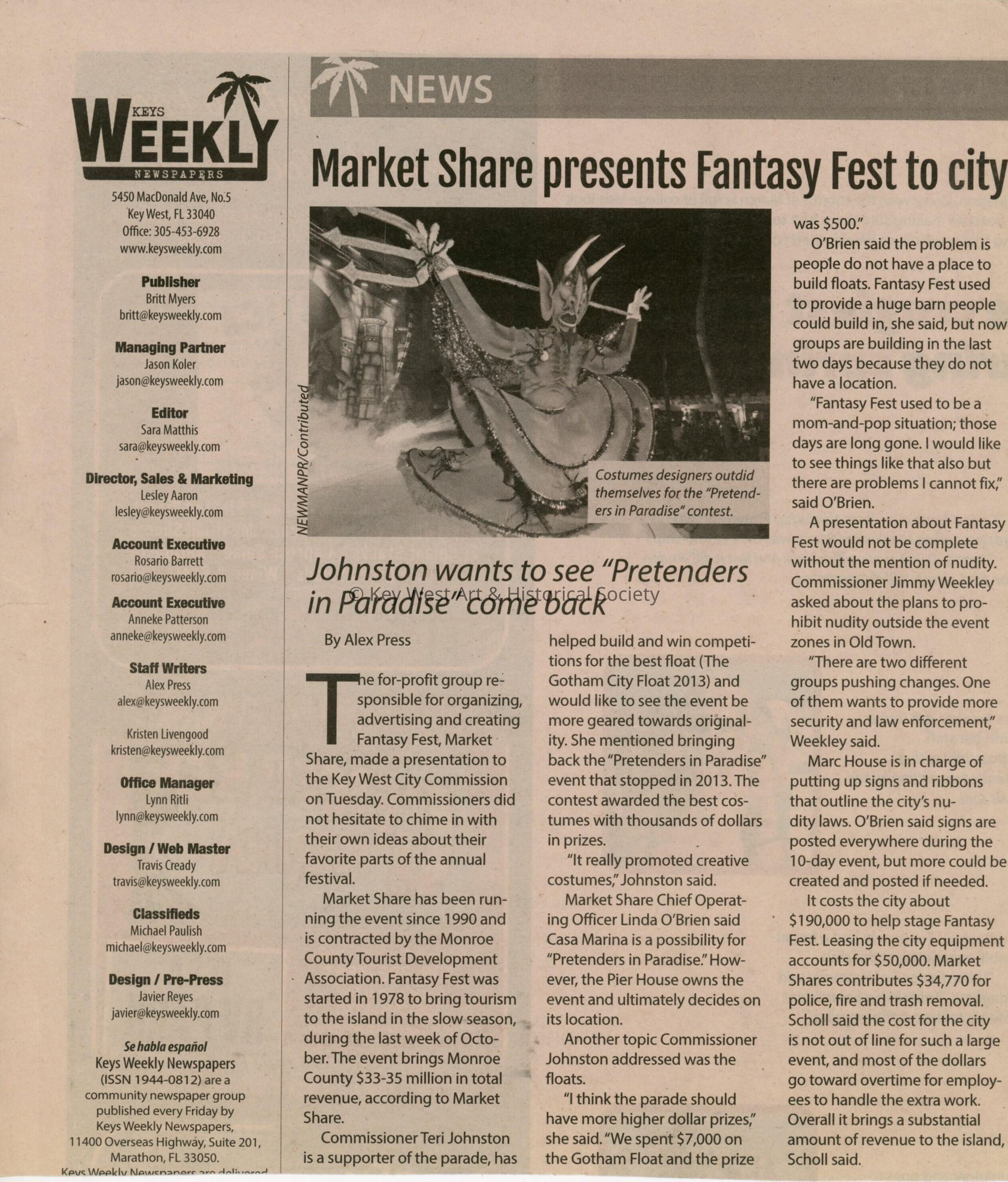 An article that reads Market Share presents Fantasy Fest to city in the Key