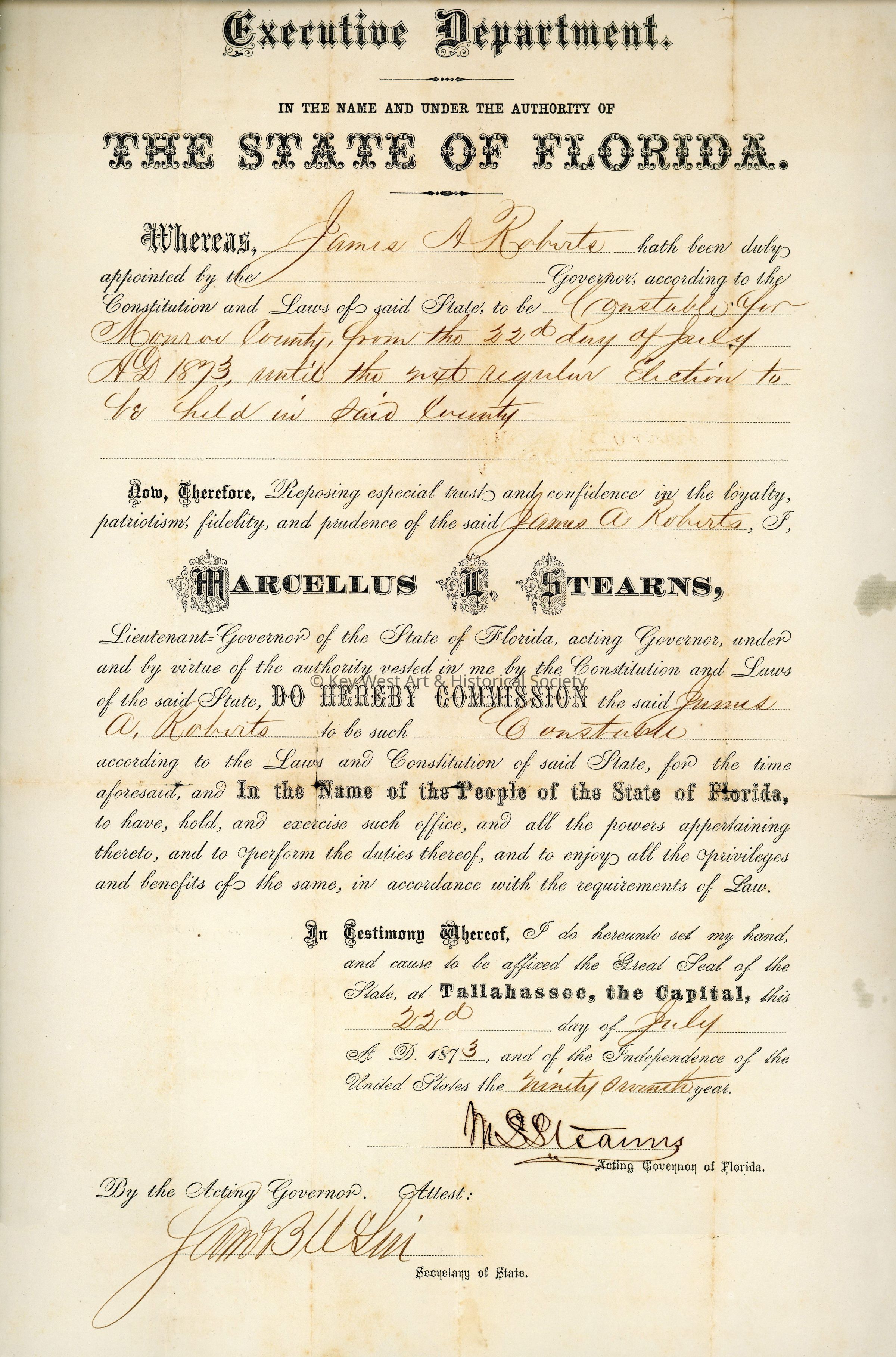 Appointment for James A. Roberts, Constable Monroe County; © Key West Art & Historical Society