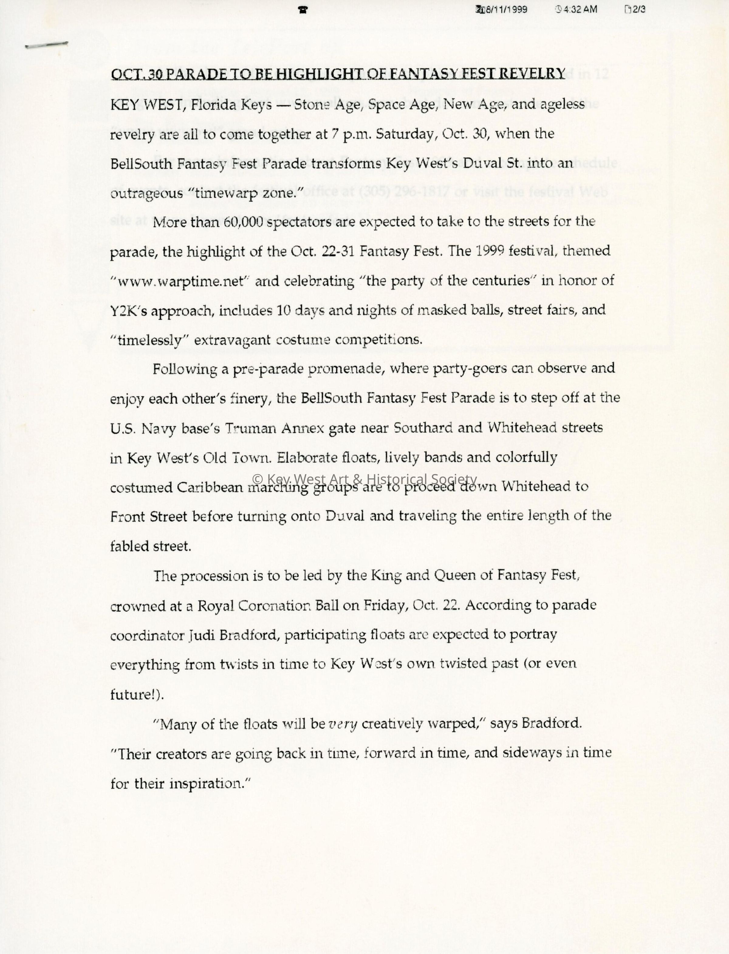 A fax to Judi Bradford from Carol about the parade release.