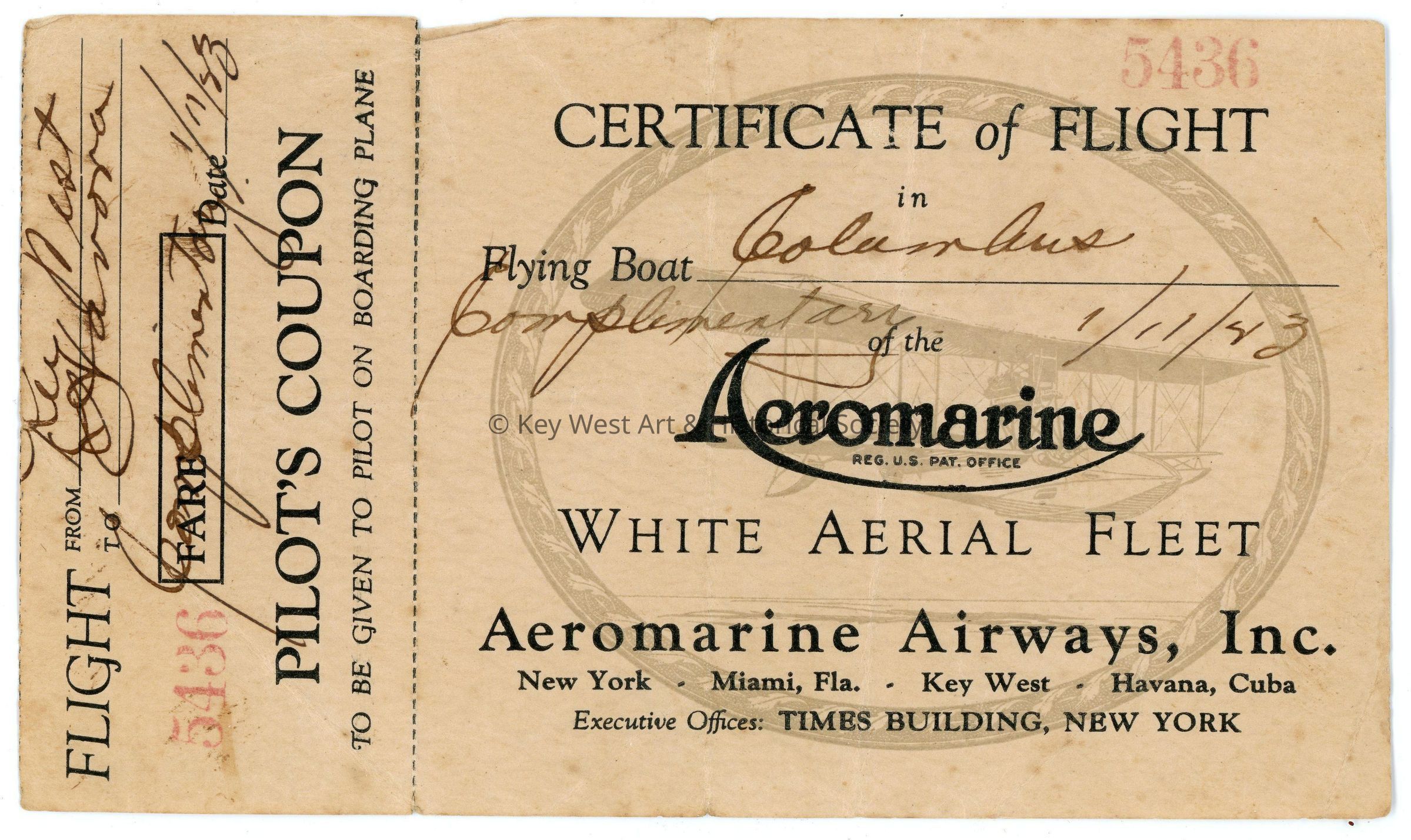 Pilot's Coupon; © Key West Art & Historical Society