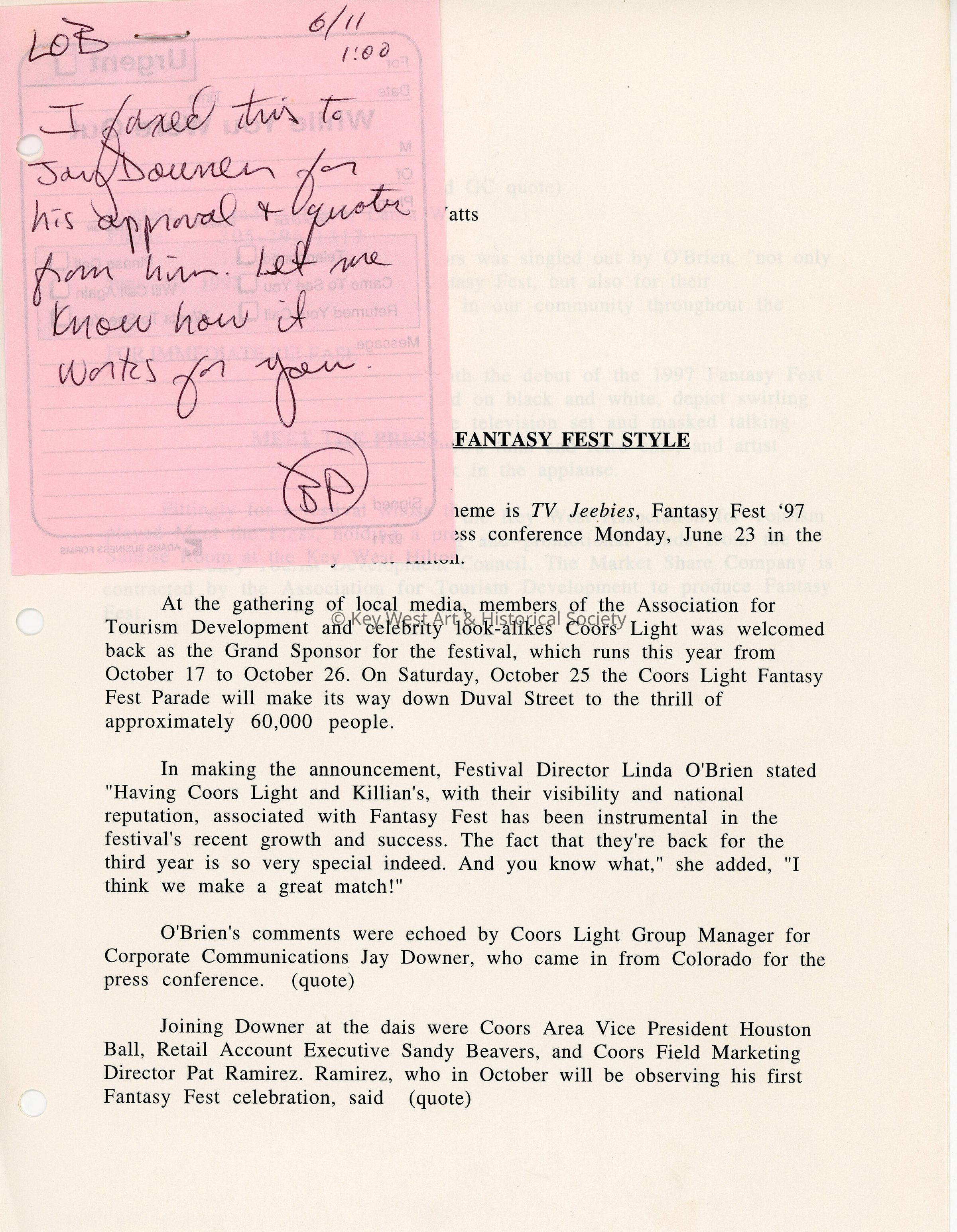 A fax to Jay Douner from Linda O'Brien and Laura Lewis that reads Meet the Press. picture number 1