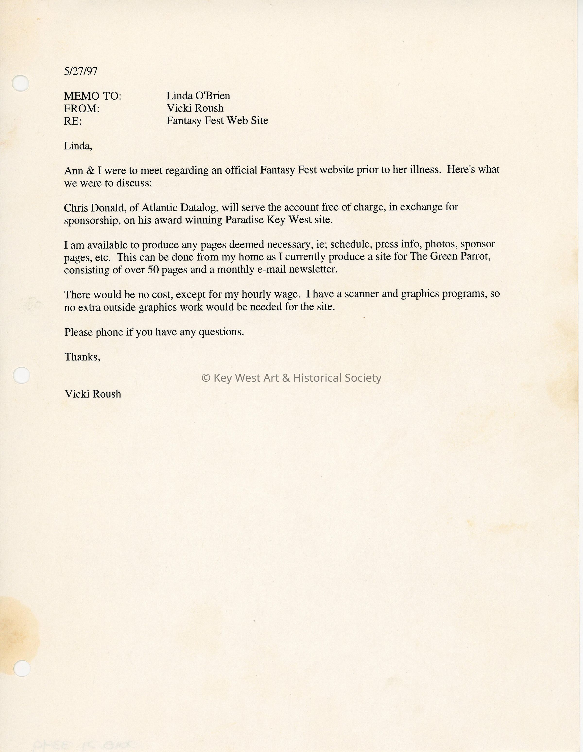 A fax to Linda O'Brien from Vicki Roush about the Fantasy Fest website. picture number 1
