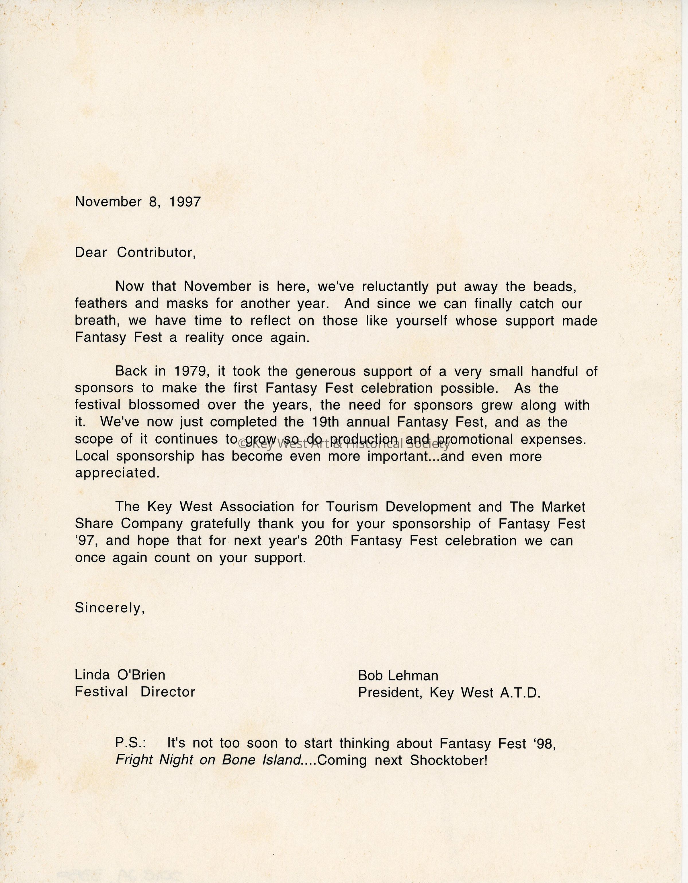 A letter to a contributor from Linda O'Brien and Bob Lehman. picture number 1
