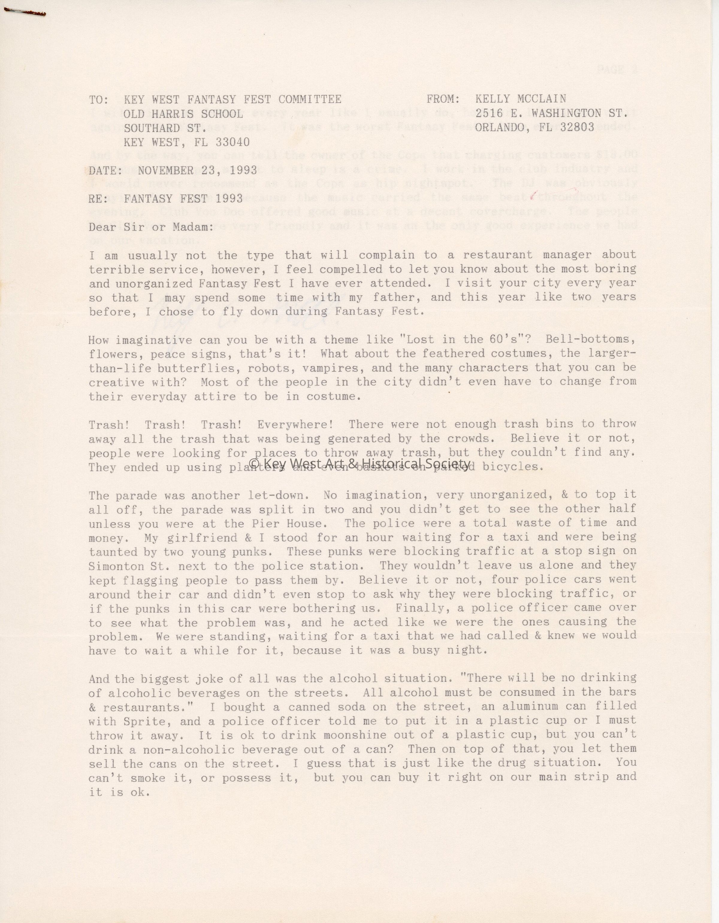 A letter to the Fantasy Fest committee from Kelly Mcclain with a complaint. picture number 1