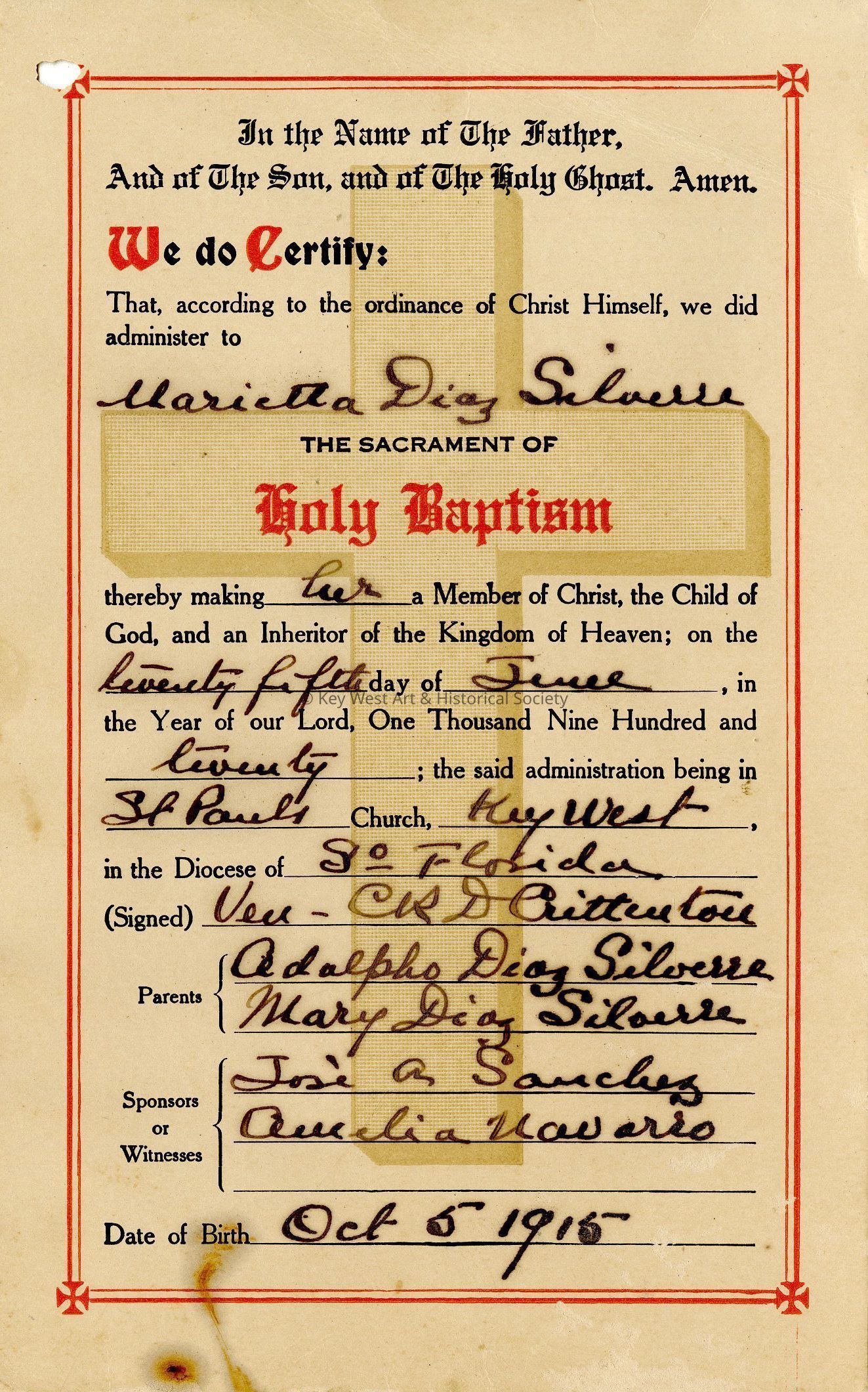 Holy Baptism Certificate; © Key West Art & Historical Society