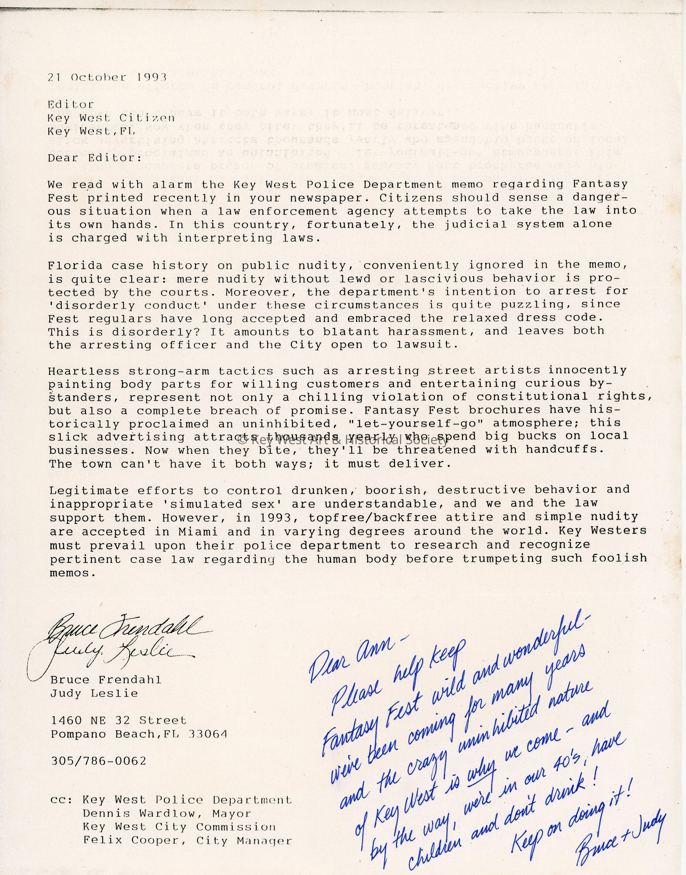 A letter to the editor of the Key West Citizen from Bruce Frendahl and Judy Leslie. picture number 1