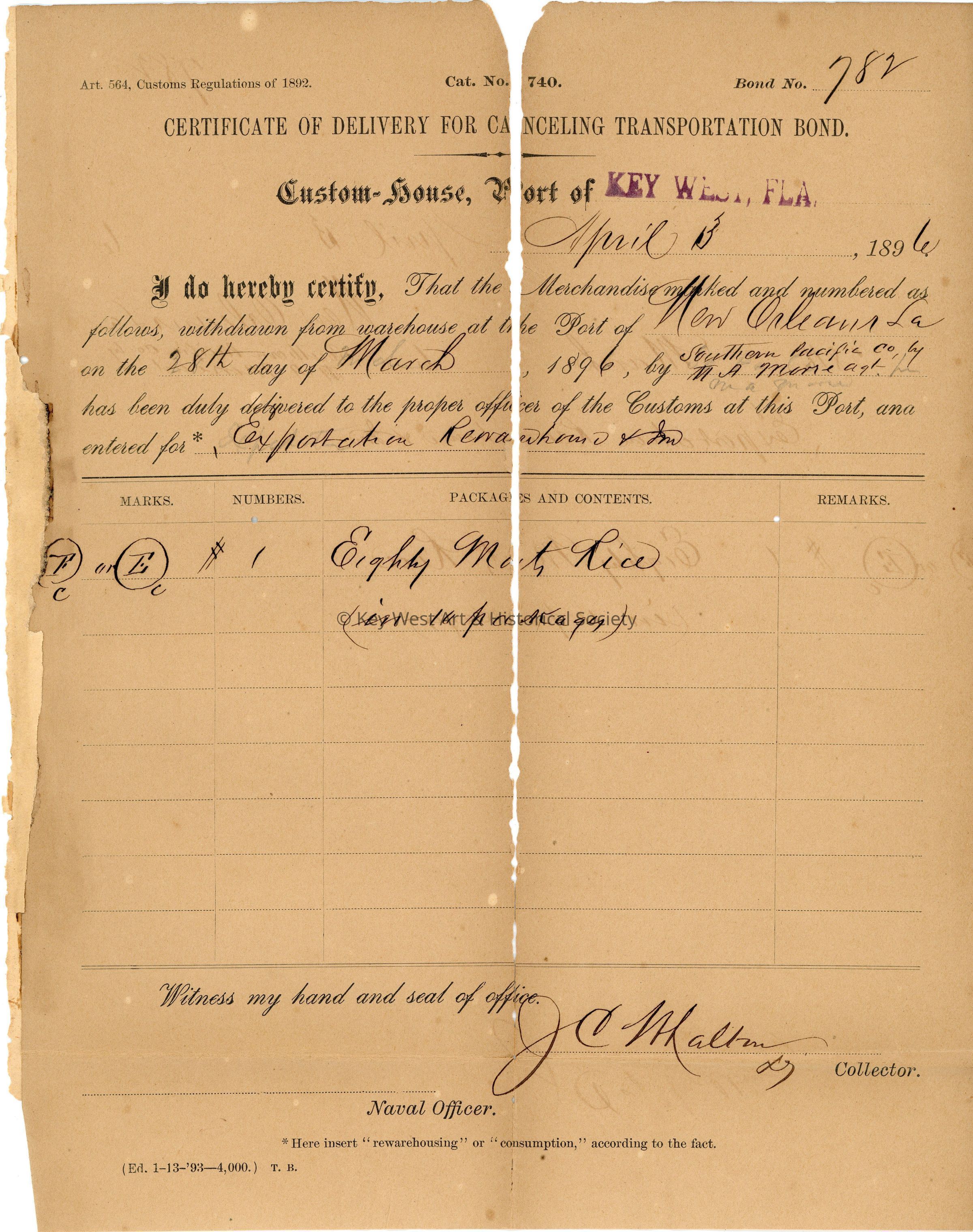Certificate of Delivery For Canceling Transportation Bond; © Key West Art & Historical Society