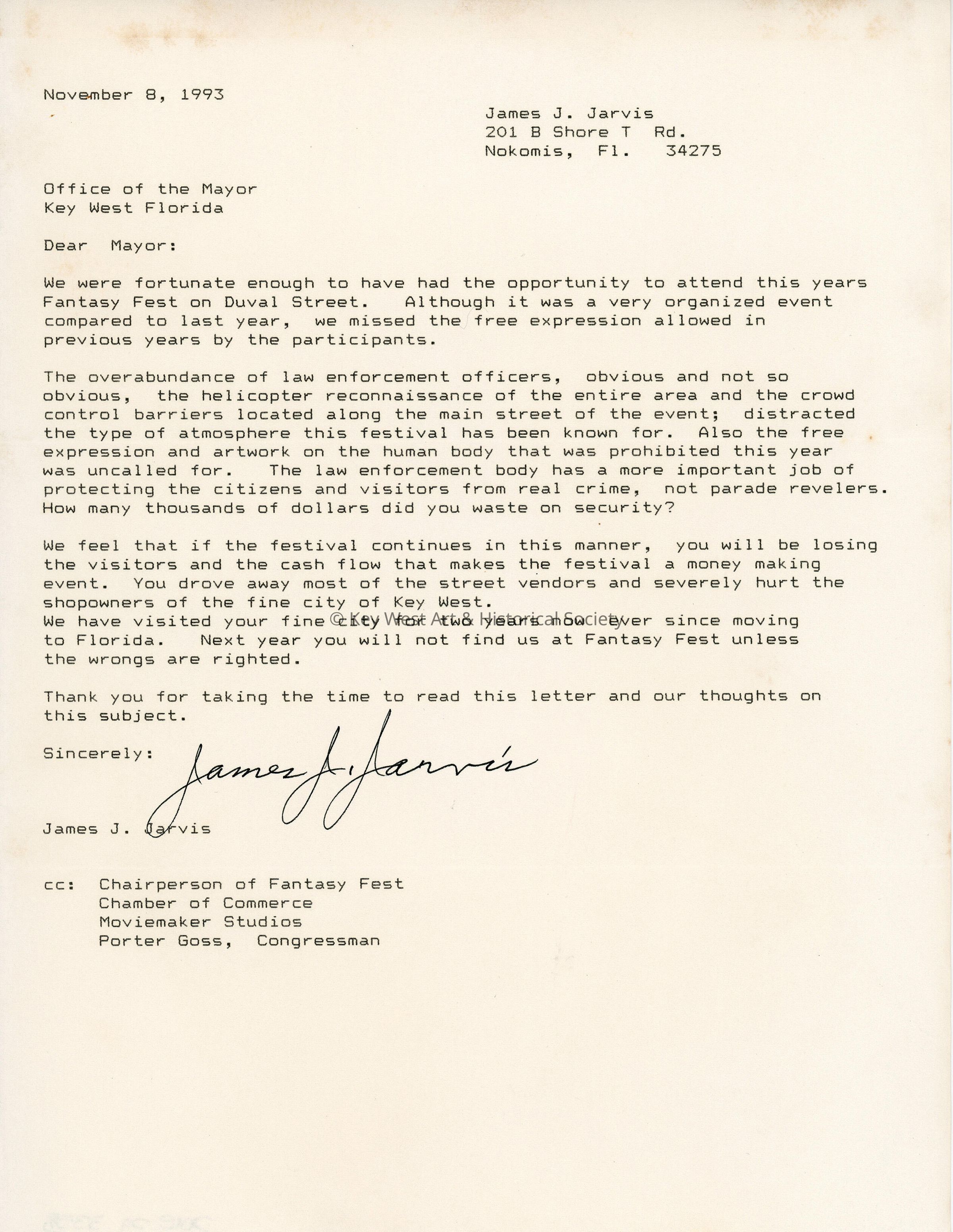A letter to the Mayor of Key West from James J. Jarvis. picture number 1